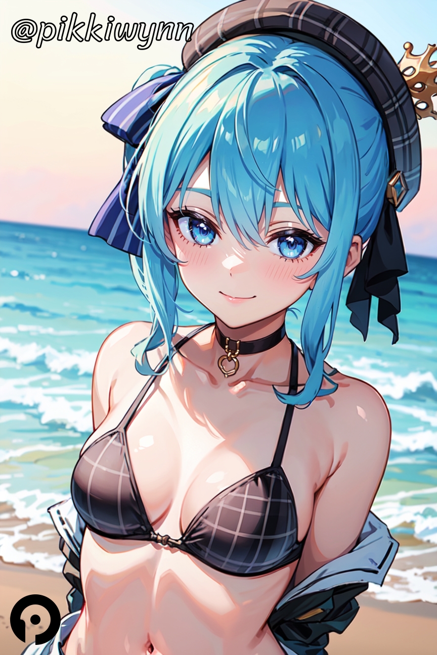 ai_generated bangs bare_shoulders beach beret bikini black_bikini black_choker blue_eyes blue_hair blush breasts choker closed_mouth collarbone crown day female hair_between_eyes hair_ribbon hat hololive hoshimachi_suisei jacket looking_at_viewer navel ocean outdoors pikkiwynn plaid plaid_headwear ribbon side_ponytail small_breasts smile solo stomach swimsuit symbol_in_eye upper_body virtual_youtuber