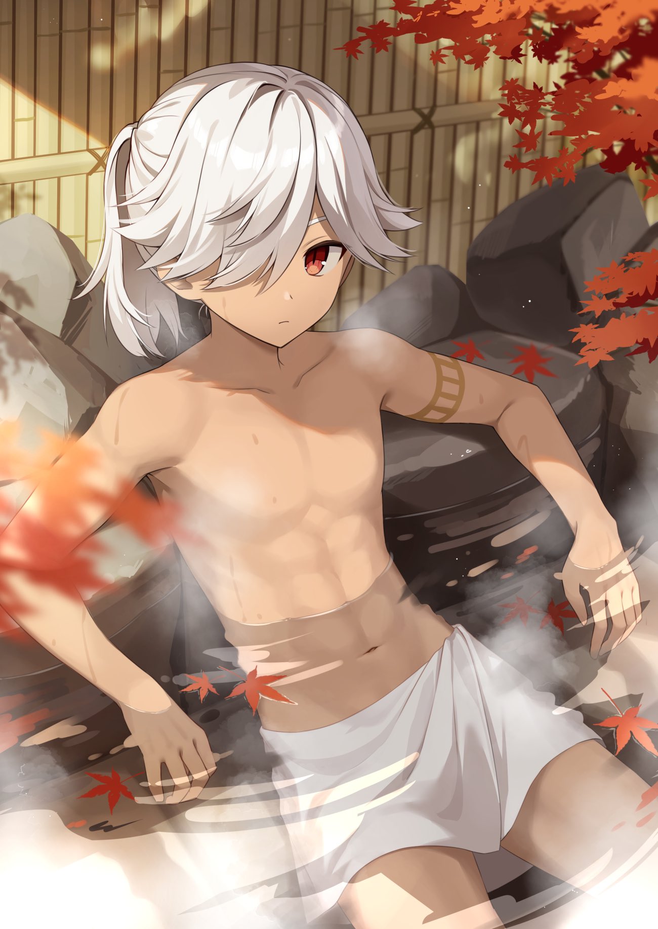 1boy arm_tattoo closed_mouth commentary_request cyno_(genshin_impact) dark-skinned_male dark_skin genshin_impact hair_over_one_eye highres iroiro_0w0 just_no leaf long_hair looking_at_viewer male_focus male_only maple_leaf muscular muscular_male navel no_nipples onsen ponytail red_eyes solo stomach tattoo topless_male towel_around_waist water white_hair