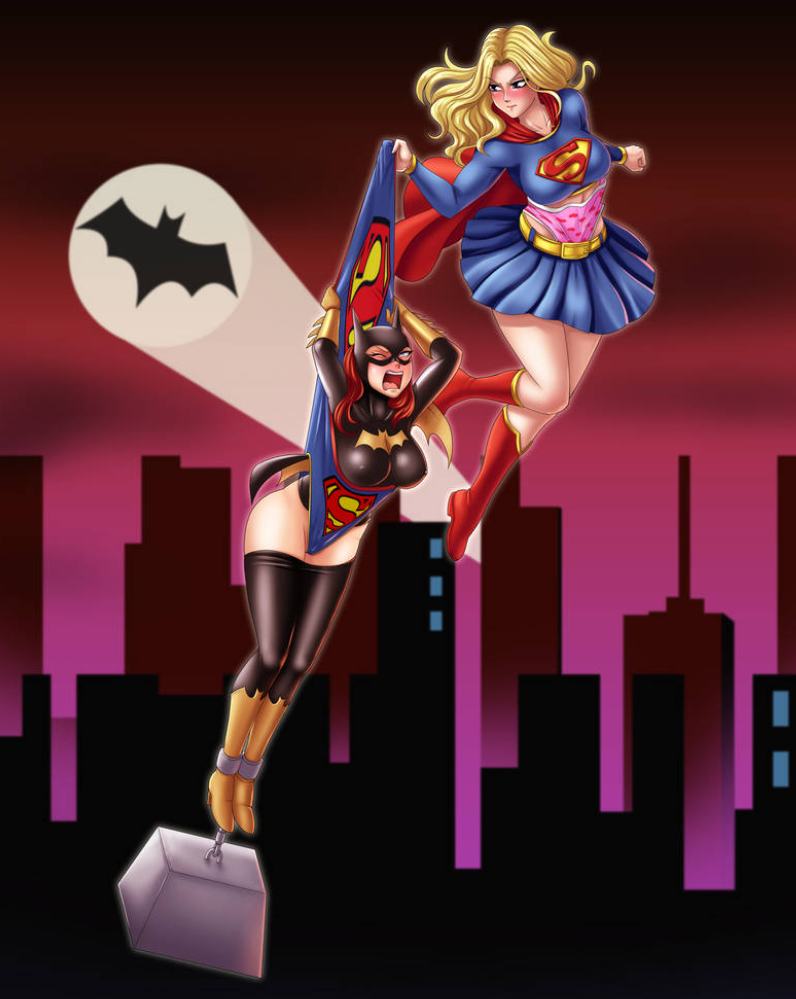 bat_signal batgirl batman_(series) city_background dc dc_comics erect_nipples erect_nipples_under_clothes moldycheesecurl pain pantsed pantsing pink_panties skirt stuck_in_object supergirl wedgie wedgies