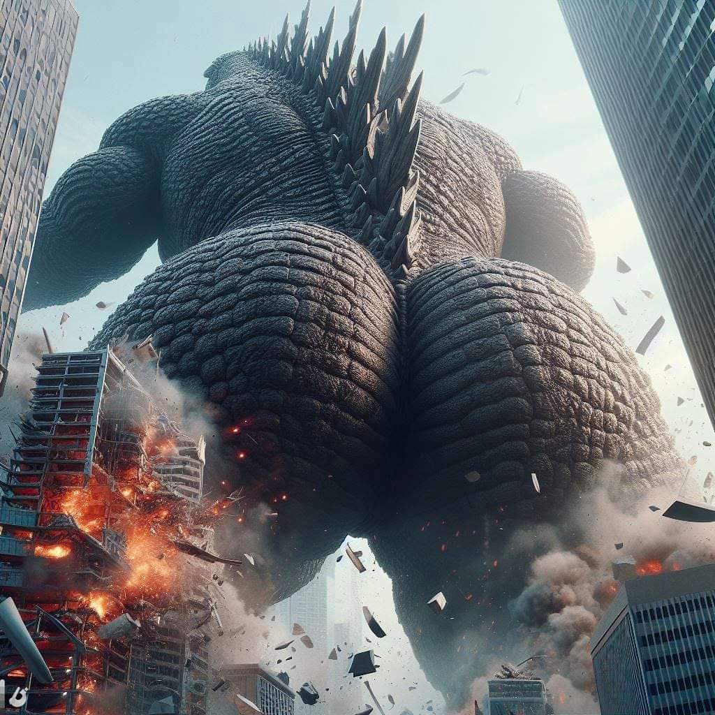 ai generated, ass, back, back view, bara, beefy, big ass, big butt, buff, city, destroyed building, destruction, fire, godzilla, godzilla (series), goji center, huge ass, huge butt, kaiju, male, male only, scales, tail, yaoi