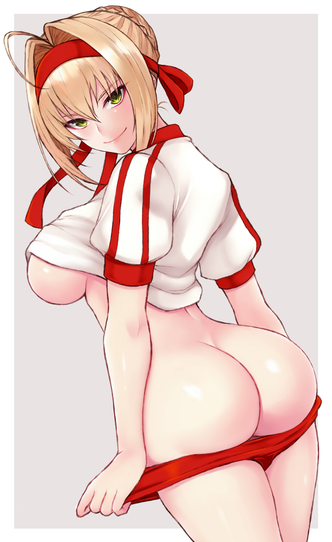 ahoge ass blonde_hair braid breasts buruma buruma_pull closed_mouth cocq_taichou fate/extra fate_(series) female french_braid green_eyes gym_uniform hair_intakes headband large_breasts looking_at_viewer nero_claudius_(fate) nero_claudius_(fate)_(all) nero_claudius_(fate/extra) nero_claudius_(olympian_bloomers) official_alternate_costume red_buruma red_headband short_hair short_sleeves smile solo thighs underboob