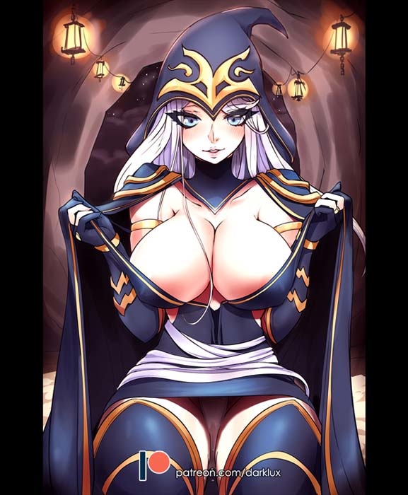 2017, ashe (league of legends), blue eyes, breasts, darklux, female, large breasts, league of legends, panties, riot games, thighhighs, undressing, upskirt, white hair, white panties