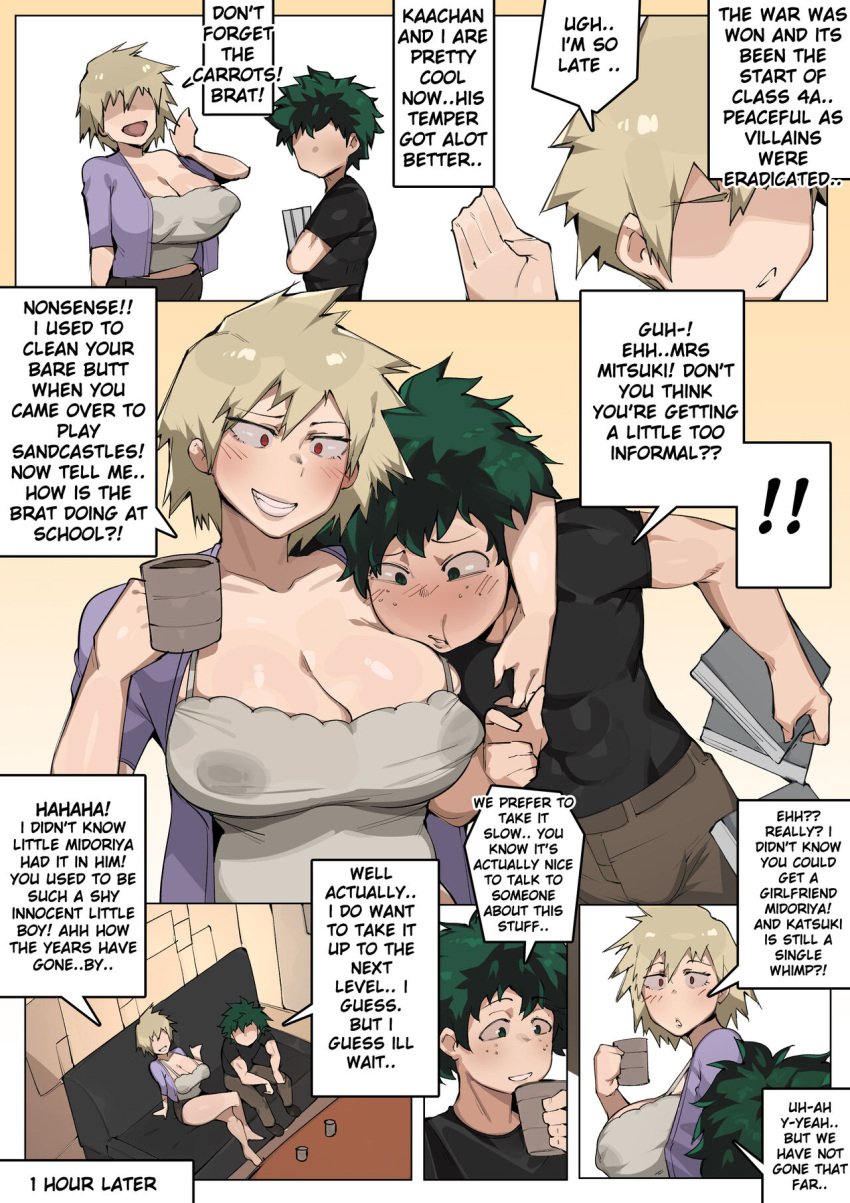 1girls 2boys age_difference big_ass big_breasts blonde_hair bobtheneet boku_no_hero_academia breasts cheating_wife cleavage colour comic elijahzx english english_text face_against_breast green_hair hugging imminent_cheating imminent_netorare imminent_ntr infidelity izuku_midoriya katsuki_bakugou large_breasts mitsuki_bakugou muscular_male my_hero_academia older_female text thick_thighs