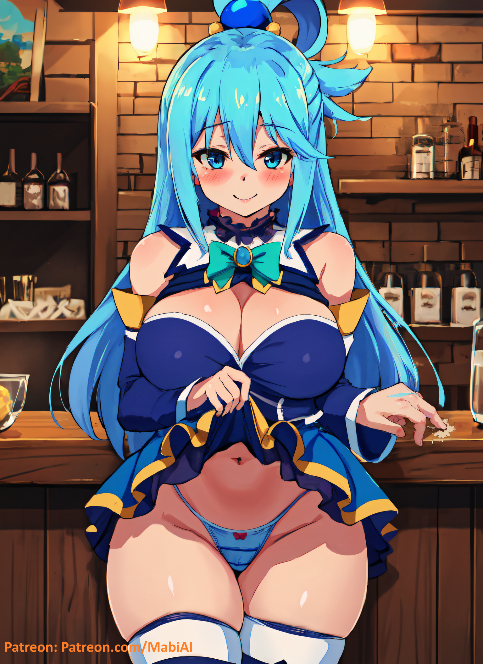 1girls, ai generated, aqua (konosuba), aqua eyes, aqua hair, aroused, bar, bare shoulders, before sex, big breasts, blue eyes, blue hair, breasts, cleavage, female, hi res, horny, imminent sex, inviting to sex, kono subarashii sekai ni shukufuku wo!, large breasts, lifted by self, mabi ai, panties, pleated skirt, skindentation, skirt, skirt lift, tavern, thick thighs, thigh gap, thighhighs, upskirt, wide hips