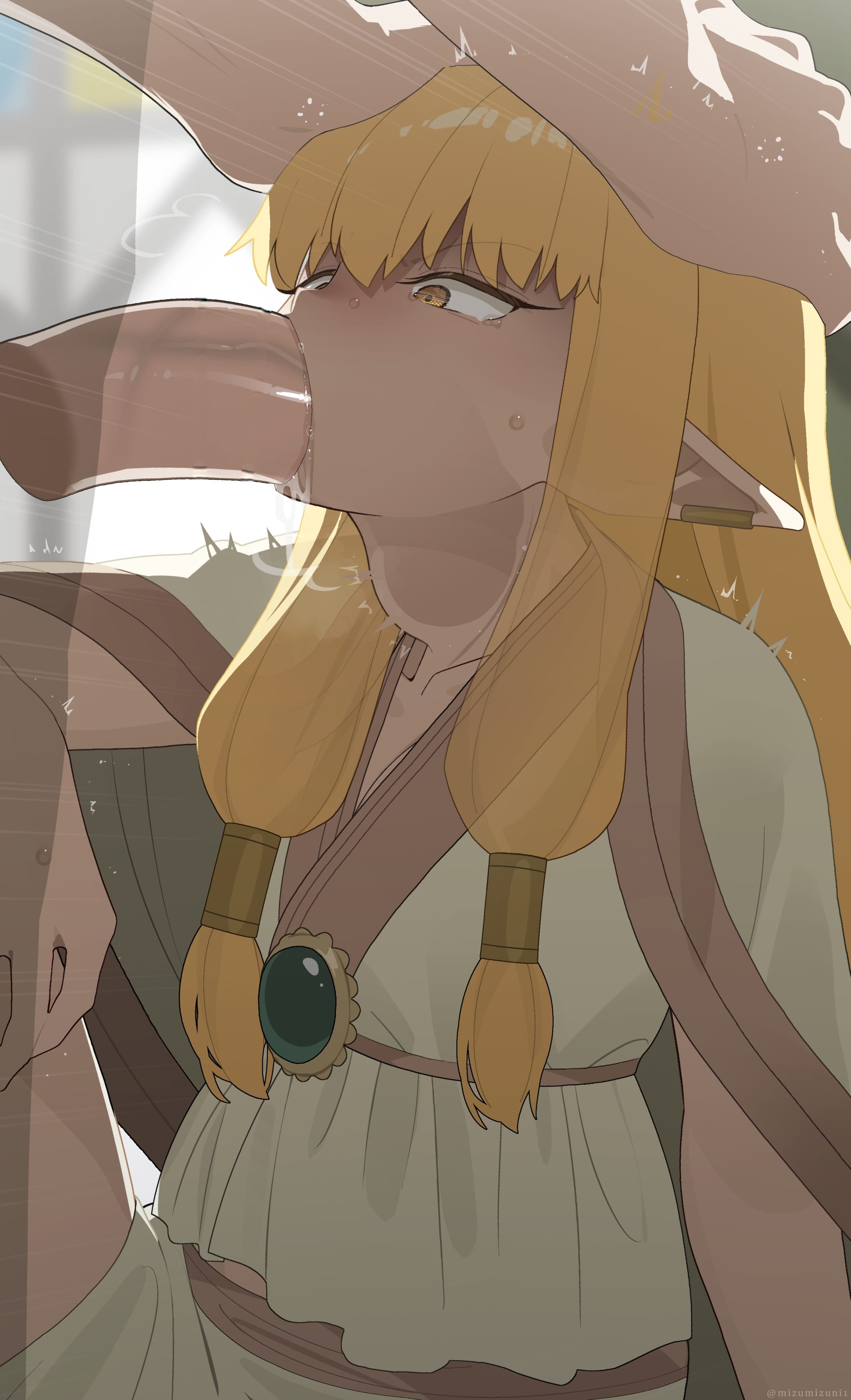 1boy, absurdres, blonde hair, blurry, blurry background, decensored, elf, elf ears, elf female, fellatio, female, forced, forced oral, hands on another's head, highres, human, human male, long hair, male, male human/female elf, mizumizuni, oral, pointy ears, serie (sousou no frieren), solo focus, sousou no frieren, straight, tears, uncensored, yellow eyes