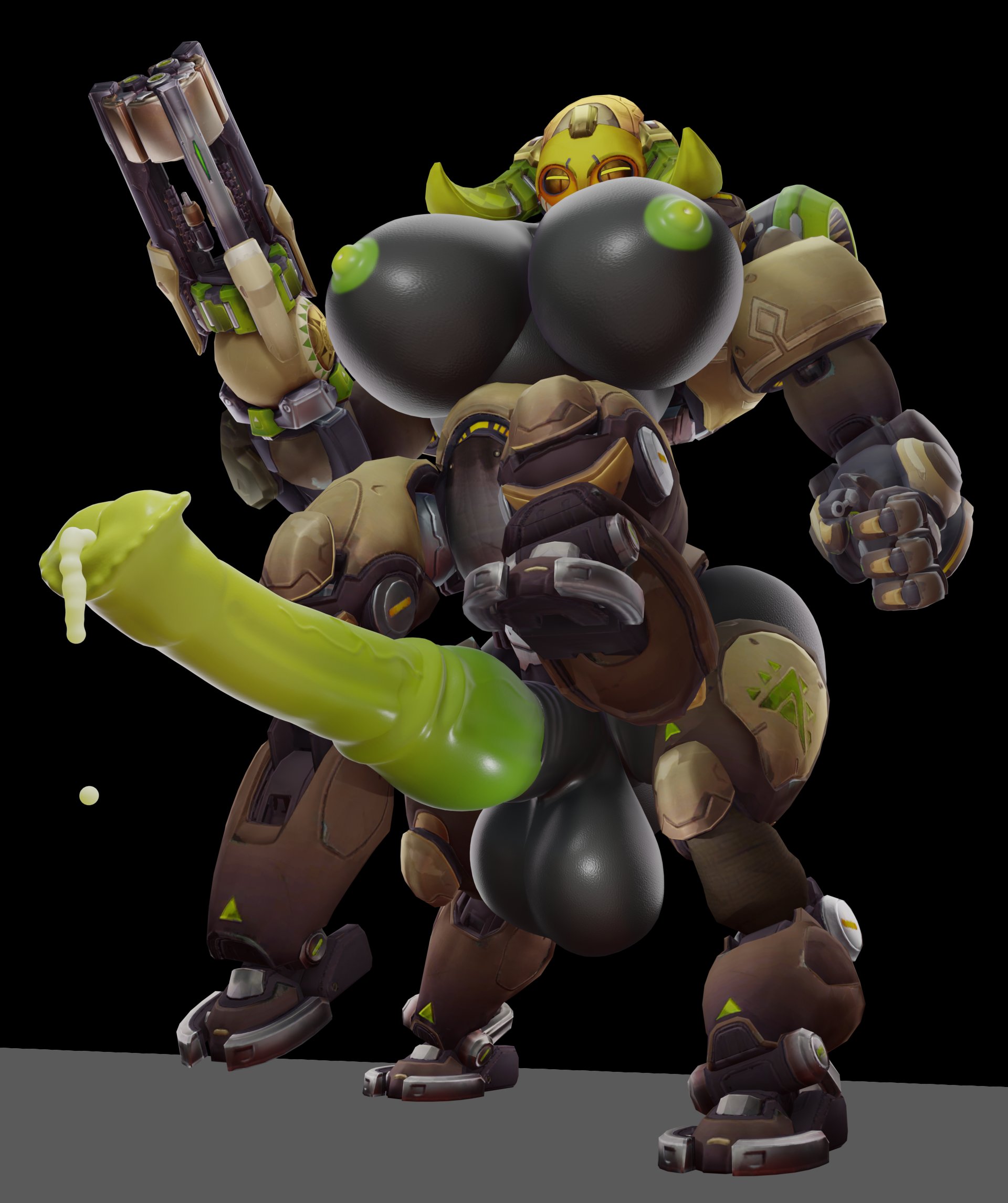 1futa, 3d, arm cannon, balls, black background, breasts, centaur, female, futa only, futanari, horns, horsecock, huge balls, huge cock, intersex, low-angle view, orisa, overwatch, penis, quadruped, reptilligator, robot, robot girl, solo, taur, yellow eyes
