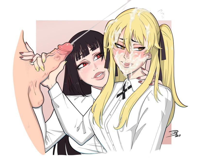 1boy 2girls 2girls1boy black_hair blonde_hair blush clothed_female_nude_male cum cum_on_face cumshot edit ejaculation embarrassed facial ffm_threesome handjob hime_cut jabami_yumeko kakegurui kiss_mark light-skinned_female light-skinned_male light_skin lipstick_mark looking_away oral partial_male penis red_eyes red_nails saotome_meari theweirdibi threesome twintails yellow_eyes yellow_nails