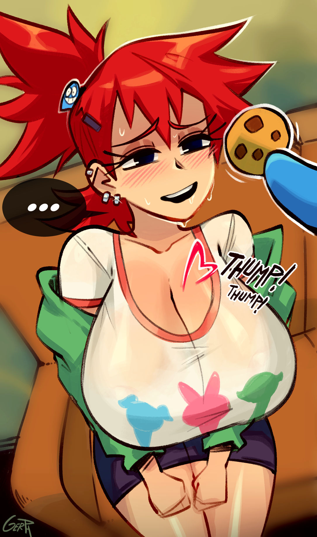 bloo blue_eyes blush breasts cleavage ear_piercing foster's_home_for_imaginary_friends frankie_foster gerph huge_breasts open_mouth ponytail prostitution red_hair short_hair shorts sweat t-shirt text thick_thighs thighs tomboy