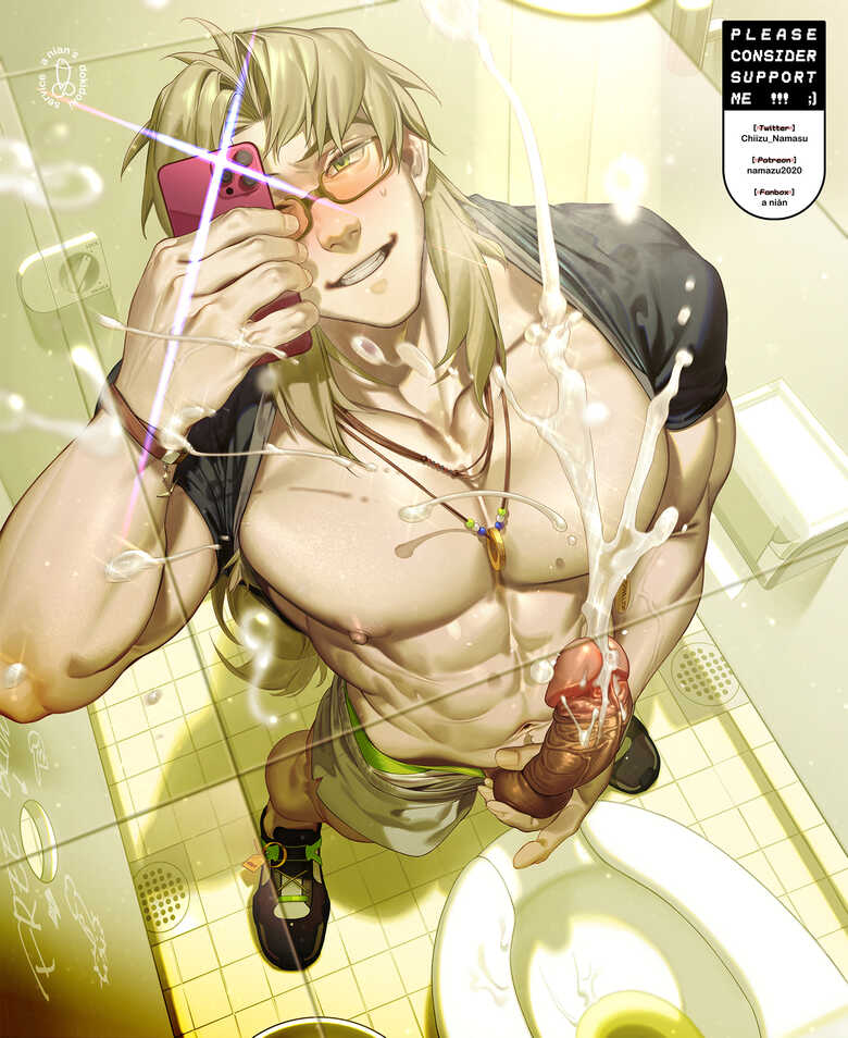 1boy abs bara bathroom bathroom_selfie bathroom_stall big_penis blonde_hair blush chiizu_namasu chiron_(fate) cum cumming cumming_from_masturbation fate/apocrypha fate/grand_order fate_(series) glory_hole graffiti green_eyes human human_only implied_pee long_hair male male_masturbation male_only masturbation muscles muscular muscular_male pants pants_down pecs peeing peeing_into_toilet phone precum pubic_hair public public_masturbation public_restroom selfie shirt_lift shirt_over_head solo thick_penis toilet_pee urine veins veins_on_dick veiny_arms veiny_muscles veiny_penis wall_writing yaoi