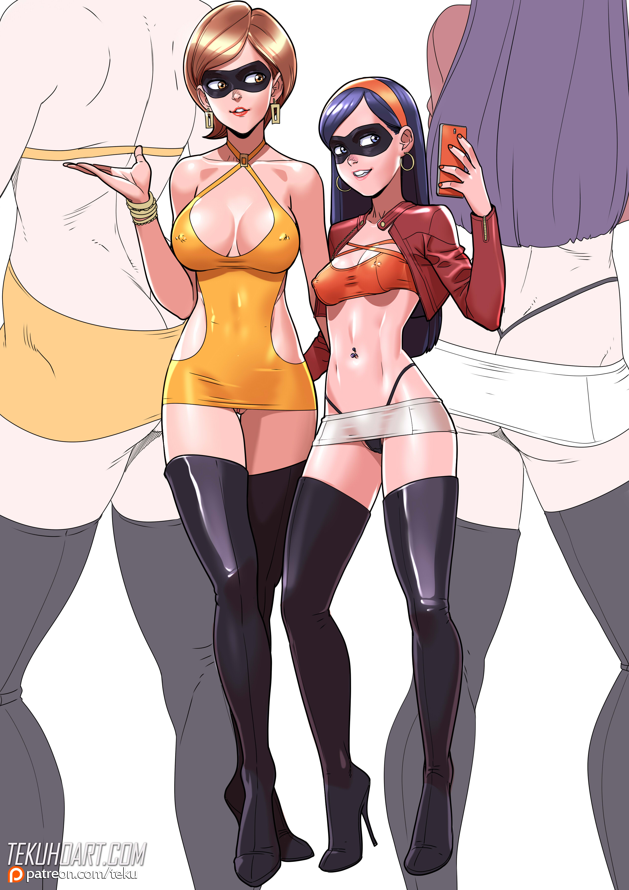 2girls, ass, ass hanging out of skirt, big breasts, breasts, cleavage, covered nipples, disney, dress, elastigirl, eyewear, female, female only, full body, helen parr, high heel boots, high heels, highleg panties, human, invisible girl, legwear, long hair, microskirt, miniskirt, mother and daughter, multiple females, multiple girls, neckwear, no bra, no panties, panties, pixar, pussy, pussy peek, revealing clothes, short hair, skimpy clothes, skirt, smartphone, standing, stiletto heels, straight hair, superheroine, tekuho, the incredibles, thighhigh boots, thighhighs, thong, very high heels, violet parr, whale tail, white background, zoom layer
