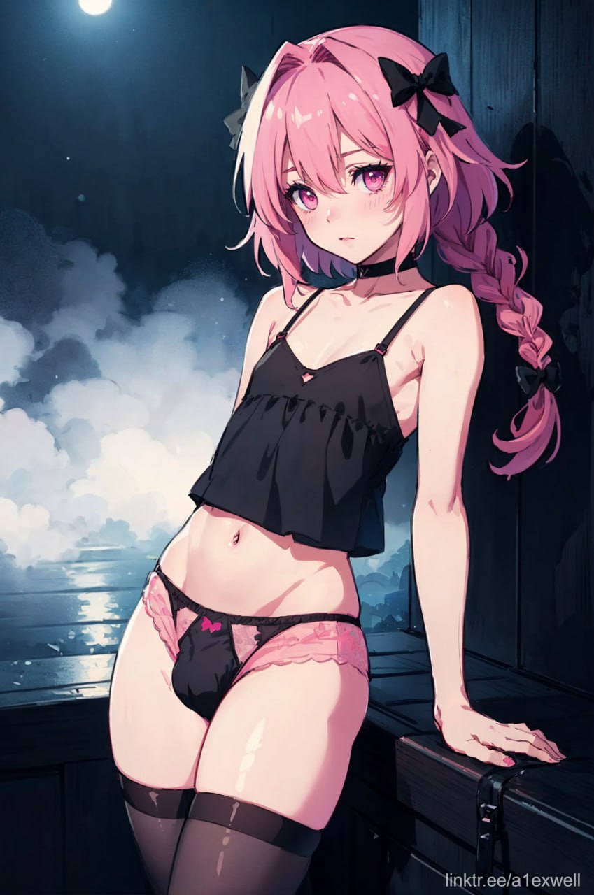a1exwell, ai generated, arm support, astolfo (fate), braid, bulge, camisole, crop top, fate (series), fate/grand order, femboy, lingerie, male, pink eyes, pink hair, stable diffusion, trap, underwear