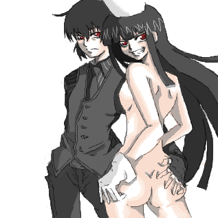 1boy 1girls alucard_(hellsing) ass ass_grab back back_view bangs black_hair blunt_bangs blush breasts butt_crack canon_genderswap clothed clothed_male_nude_female collared_shirt cowboy_shot duo female fingerless_gloves girlycard gloves hair_between_eyes hat hellsing hikora humanoid long_hair looking_at_viewer male naughty_face necktie nude pants red_eyes rule_63 shiny_skin sidelocks simple_background small_breasts smile straight suit vampire very_long_hair vest walter_c._dornez white_background white_skin