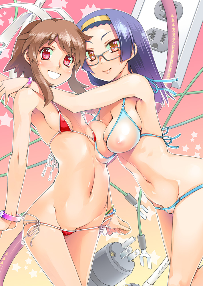 aresta_blanket armpits arrester_blanket asaki_takayuki asymmetrical_docking big_breasts bikini blunt_bangs bracelet breast_press breasts brown_hair fight_ippatsu!_juuden-chan!! fight_ippatsu_juuden-chan flat_chest glasses hairband jewelry large_breasts long_hair lowleg lowleg_bikini micro_bikini multiple_girls navel nipples payot pink_eyes plug_cryostat purple_hair pussy_peek red_eyes see-through short_hair side-tie_bikini small_breasts string_bikini swimsuit