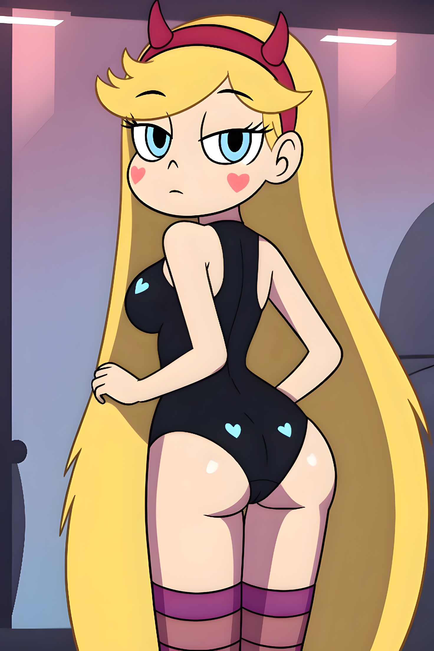 ai generated, blonde hair, breasts, fake horns, female, heart, long hair, meikerai3d, pink background, standing, star butterfly, star vs the forces of evil, thighhighs, underwear
