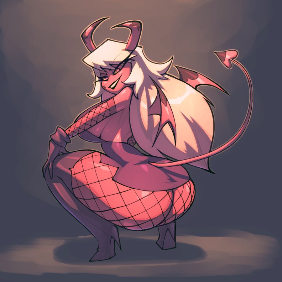 1girls, ass, ass focus, big breasts, bigdad, breasts, clothed, clothing, demon, demon girl, demon horns, demon tail, demon wings, female, female focus, female only, gloves, helluva boss, higher resolution available, long hair, looking at viewer, solo, solo female, stockings, succubus, thick thighs, verosika mayday (helluva boss), white hair