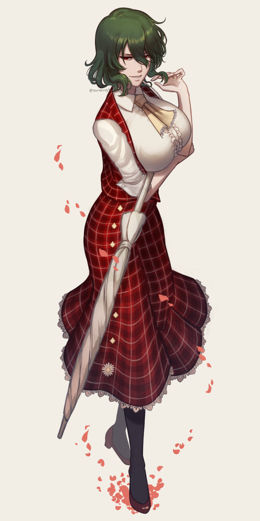 50x48x48 absurdres arm_under_breasts ascot black_footwear breasts commentary female full_body green_hair grey_background hair_between_eyes high_heels highres holding holding_umbrella kazami_yuuka large_breasts looking_at_viewer plaid plaid_skirt red_eyes red_skirt red_vest short_hair simple_background skirt solo touhou twitter_username umbrella vest white_umbrella yellow_ascot yuka_kazami