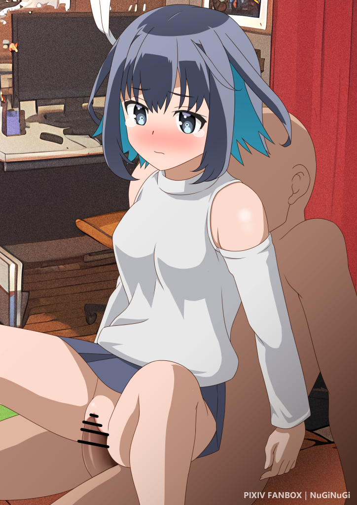 16bit_sensation 1boy akisato_konoha bar_censor blue_eyes blue_hair blue_skirt blush breasts censored closed_mouth commentary detached_sleeves faceless faceless_male female indoors medium_breasts miniskirt mio-morimitsu monitor multicolored_hair no_panties paid_reward_available pussy reverse_cowgirl_position sex skirt solo_focus spread_legs straddling tearing_up two-tone_hair