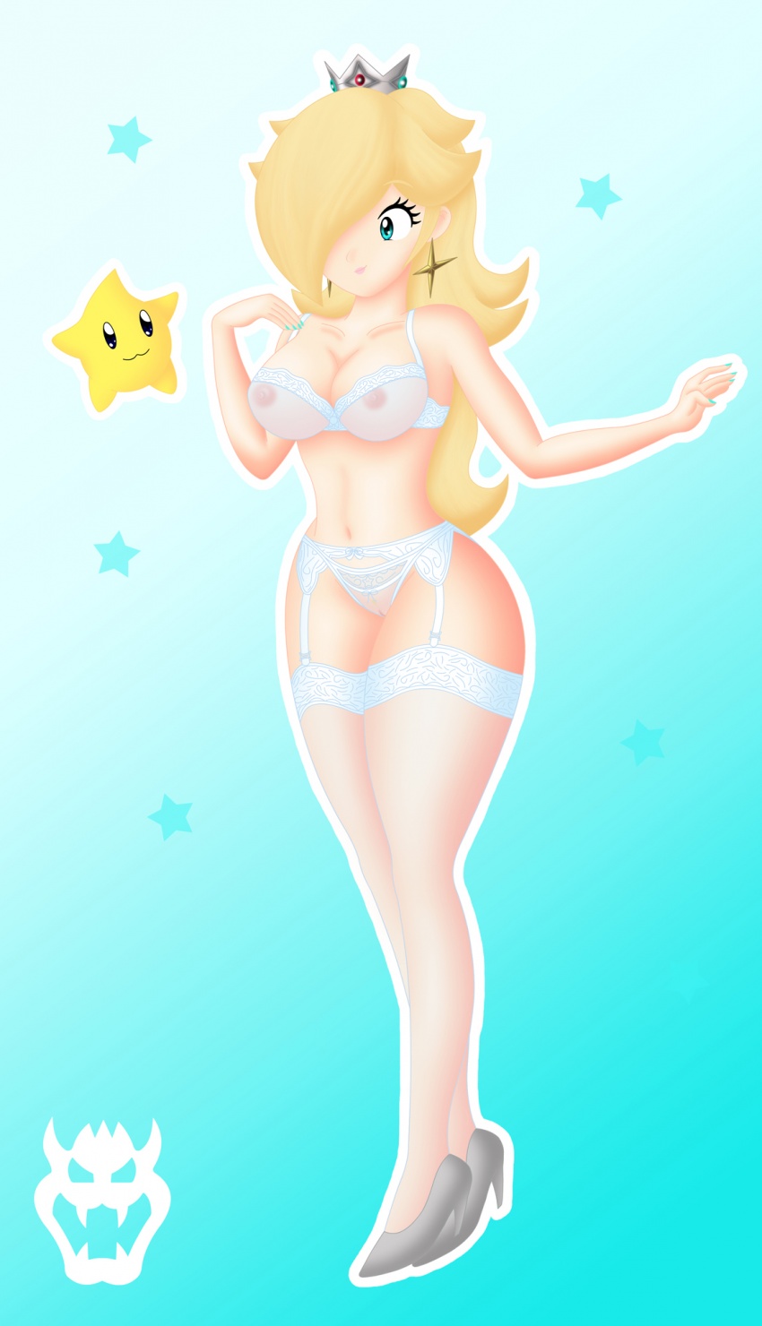 blonde_hair bra crown female garter garter_straps hair_over_one_eye high_heels human lingerie long_hair luma magnus-bowser mario_(series) nail_polish nintendo panties princess_rosalina see-through straight_hair super_mario_galaxy thighhighs underwear