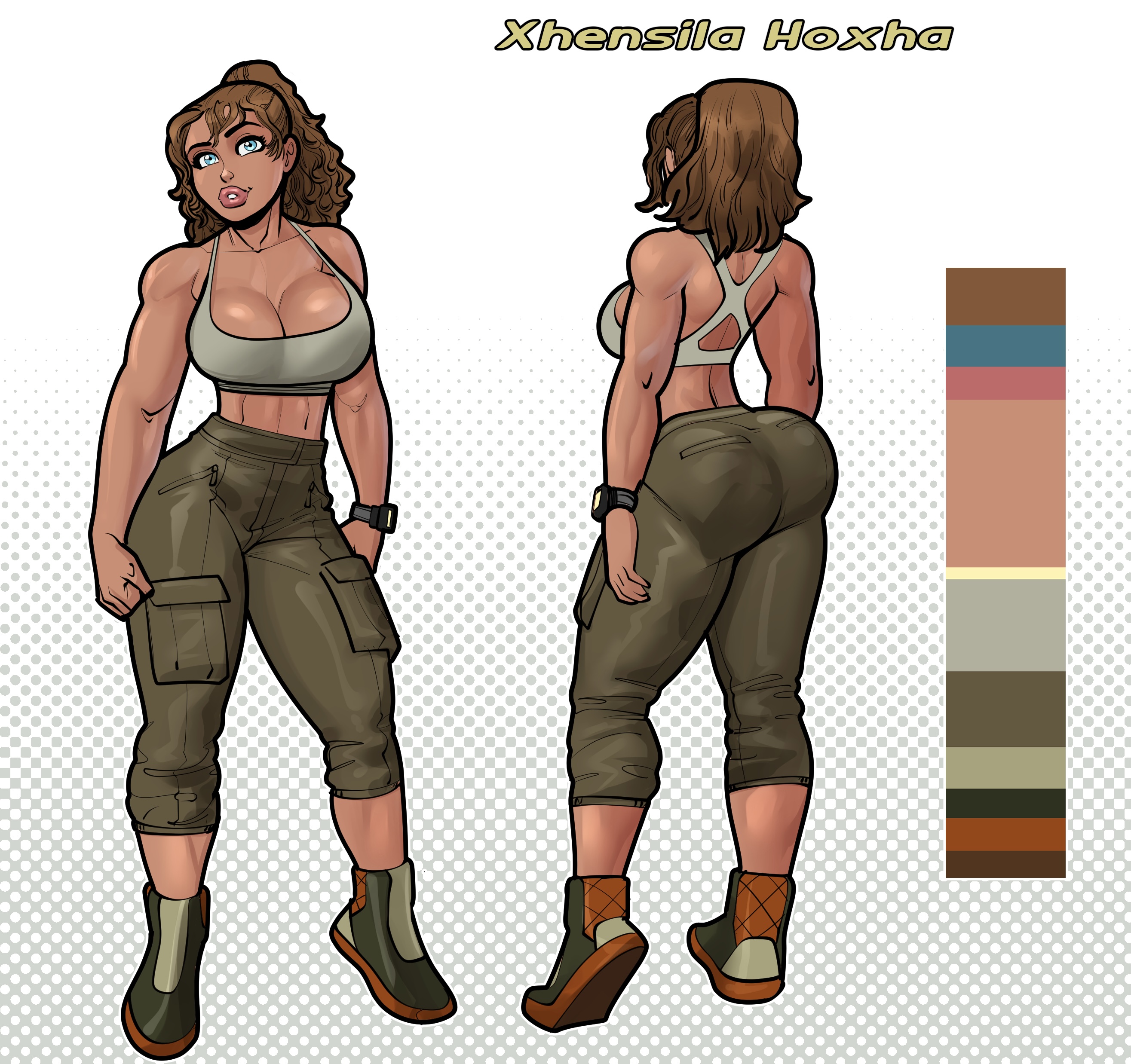 1girls, ass, big ass, blue eyes, character profile, character sheet, clothed, clothing, farmgirl, female, female only, light skin, light-skinned female, model sheet, muscles, muscular female, original, original characters, rabies-t-lagomorph, reference sheet, sci-fi, solo, solo female, tall female, tanned skin, xhensila hoxha, xhon hoxha