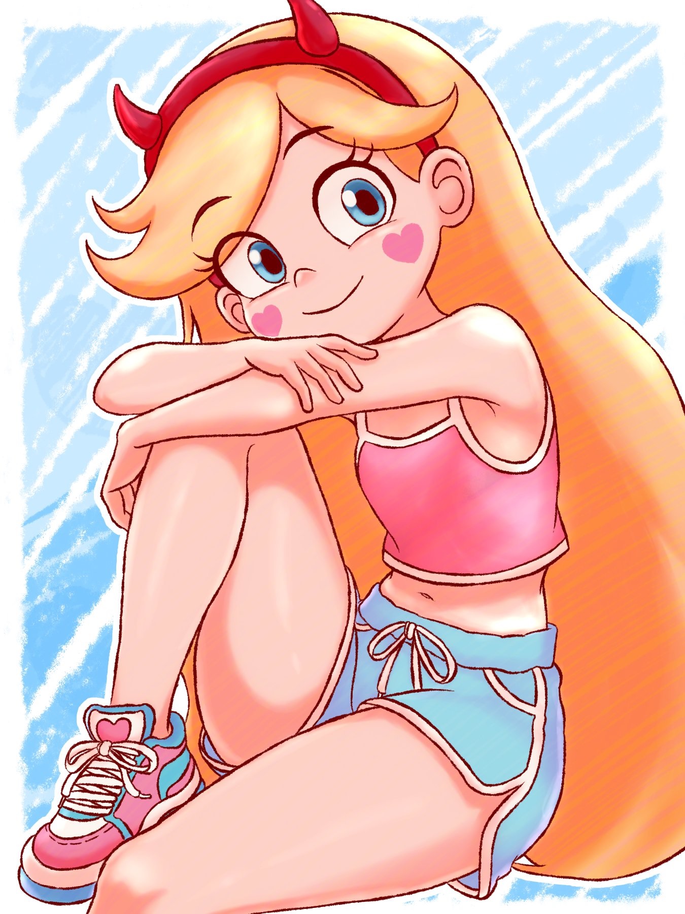 armpits, bare legs, blonde hair, blue background, blue eyes, blue shorts, disney, disney channel, disney xd, eyelashes, female, hairband, heart cheeks, highres, holding leg up, horn hairband, knees, leg up, legs, long hair, not porn, pink shirt, pink shoes, pink sneakers, red hairband, sfw, shirt, shoes, shorts, simple background, sitting, sleeveless, sleeveless shirt, smile, sneakers, star butterfly, star vs the forces of evil, teenage, teenage girl, teenager