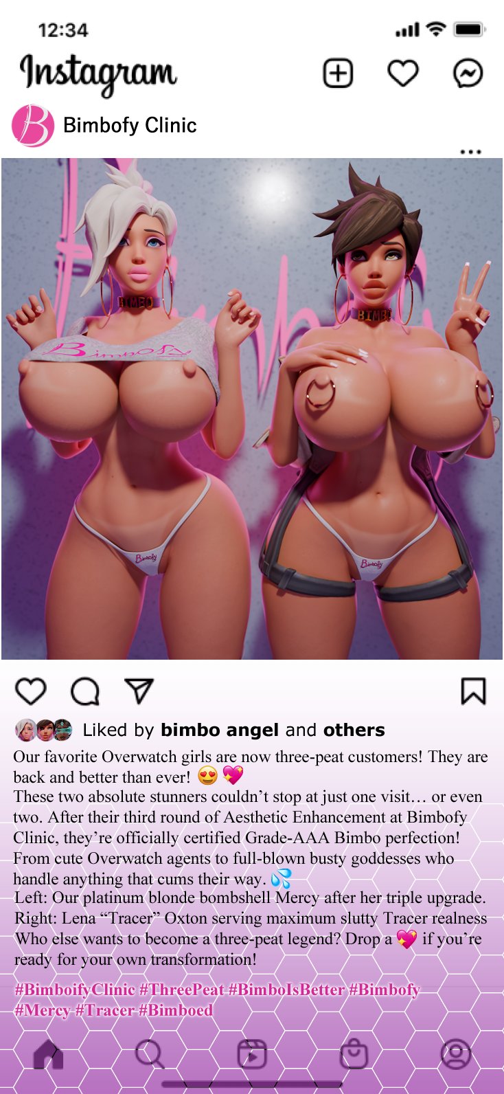 3d, 3d (artwork), bimbo, bimbo collar, bimbofication, blizzard entertainment, female, huge breasts, instagram, mercy, nipple piercing, overwatch, shadowboxer, slut collar, social media, tagme, tracer