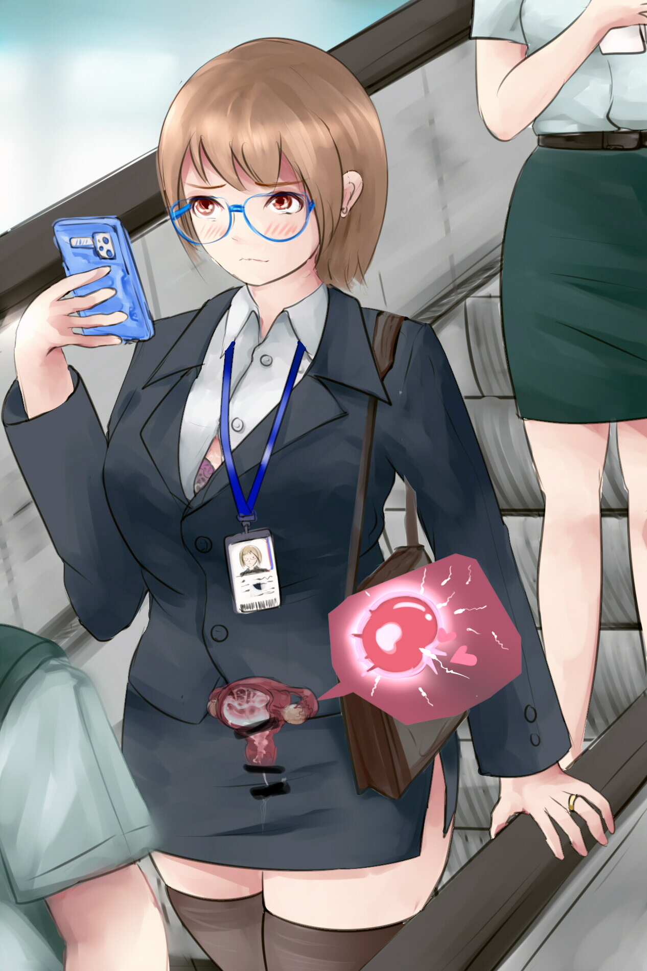 2d, after sex, black legwear, black skirt, black thighhighs, blush, bra, breasts, brown hair, censored, checking phone, cleavage, clothed, clothing, cum, cum filled, cum in pussy, cum in uterus, cum inside, delayed impregnation, df kraken (artist), escalator, fallopian tubes, female, female focus, fully clothed, glasses, green skirt, id card, impregnation, internal, internal view, lanyard, office lady, original, original character, ovaries, ovum, ovum deformation, phone, pink bra, shirt, short hair, skirt, sperm cell, thighhighs, uterus, white shirt, x-ray