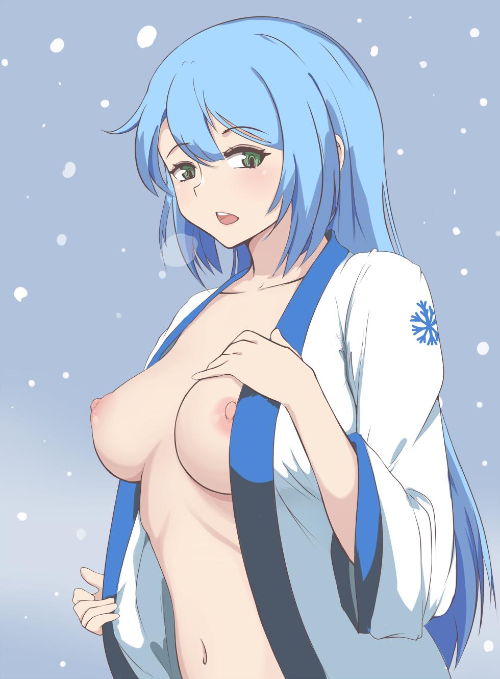 breasts breasts_out breath collarbone eyebrows_visible_through_hair female folait green_eyes hair_between_eyes hands_on_own_breasts haori highres japanese_clothes kimono light_blue_hair long_hair looking_at_viewer medium_breasts messy_hair navel open_clothes open_kimono open_mouth original snow snowflake_print solo upper_body white_kimono winter