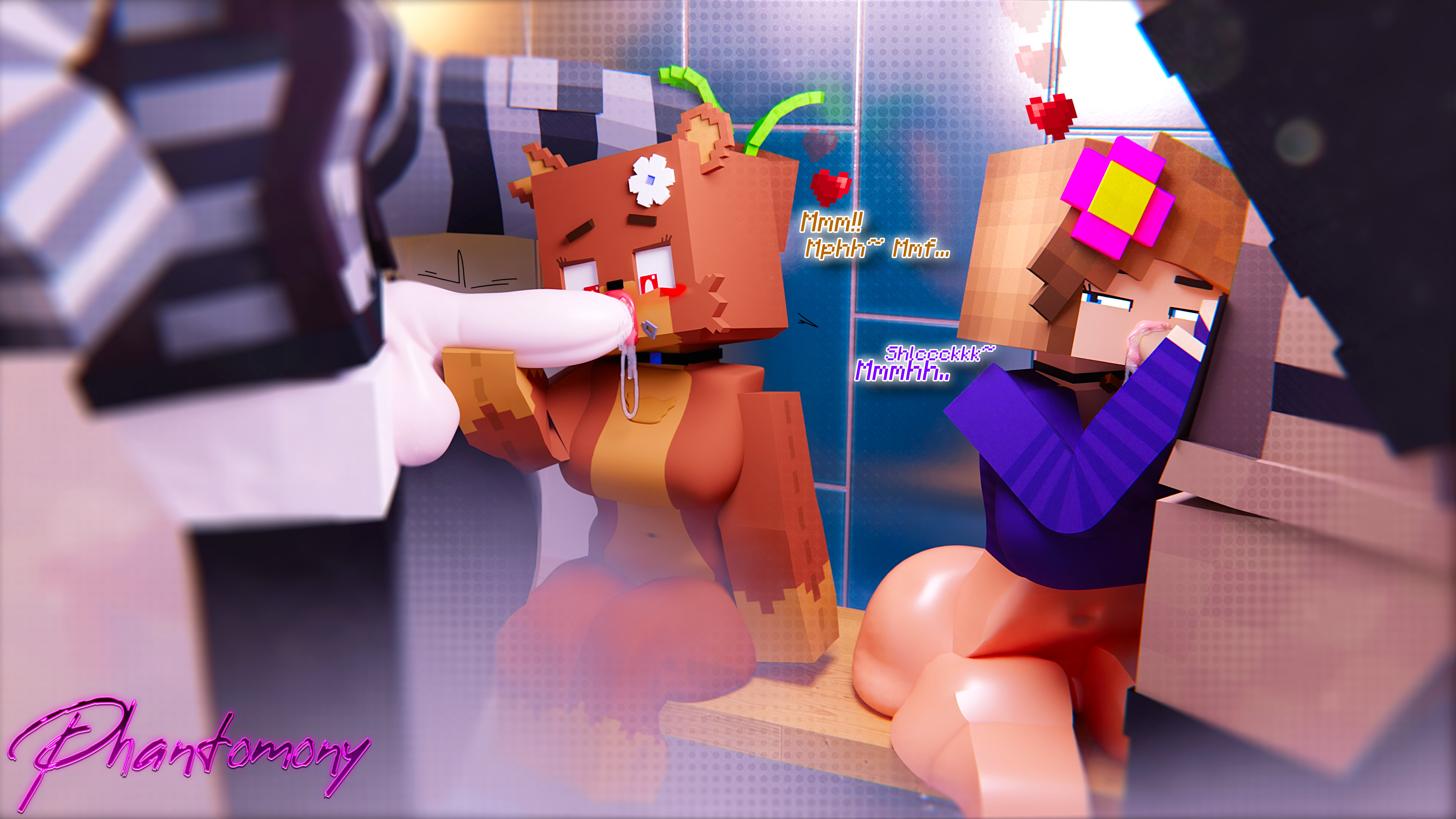3d, anthro, bia prowell (slipperyt), cum, fellatio, female, front view, furry, futa on female, futanari, jenny belle (slipperyt), minecraft, phantomony