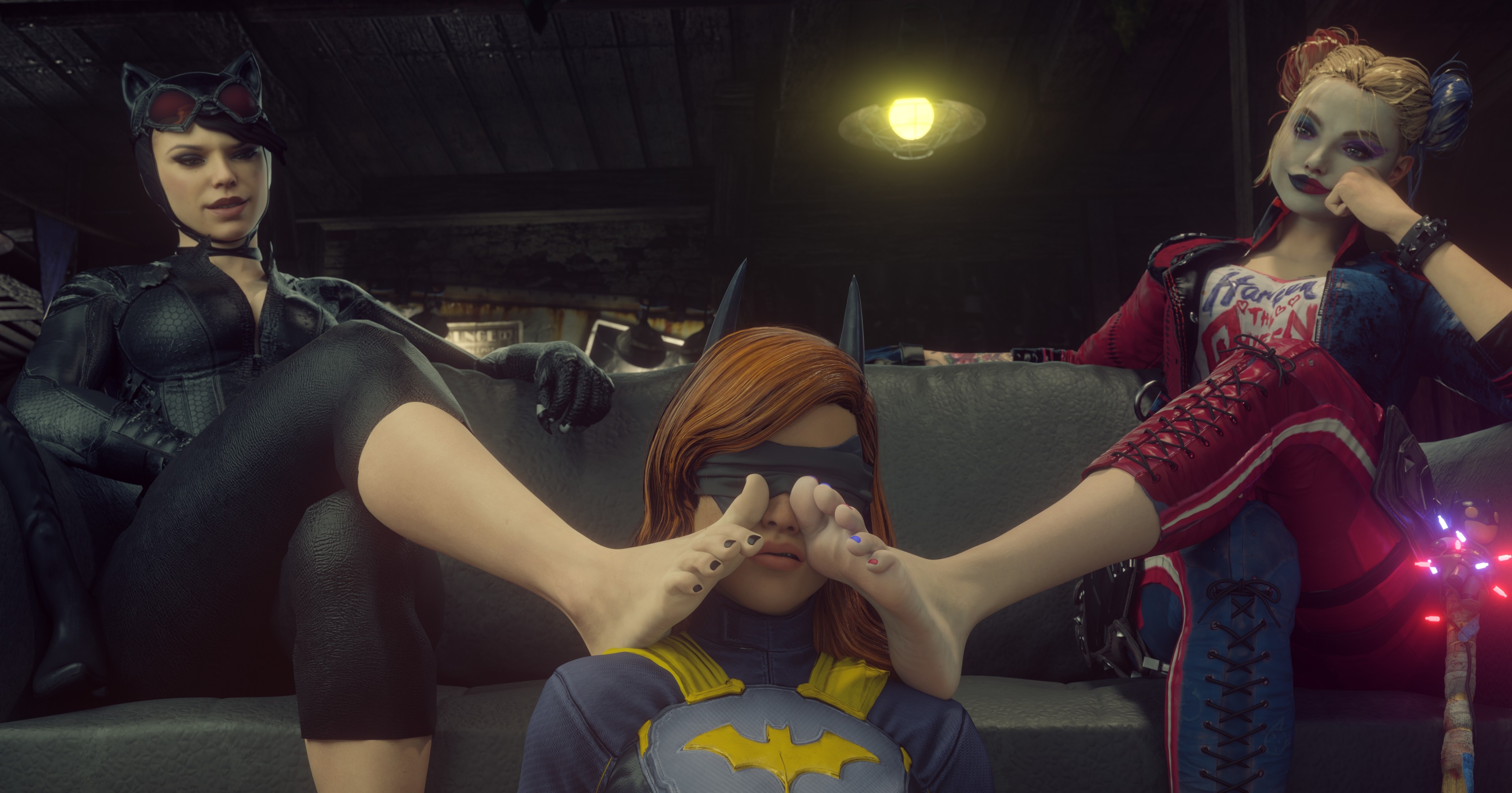 3d, 3d (artwork), barbara gordon, barefoot, batgirl, batgirl (barbara gordon), batgirl (gotham knights), batman (series), batman: arkham knight, black toenails, blindfold, blindfolded, blindfolded female, bound, captured, captured female, captured heroine, cat ears, catsuit, catwoman, catwoman (arkham knight), catwoman (arkham), crossed legs, crossed legs (sitting), dc, dc comics, dominant, dominant female, domination, feet, feet fetish, feet on face, feet up, femdom, foot, foot domination, foot fetish, foot on face, gotham knights, harley quinn, harley quinn (suicide squad game), lesbian, lesbian domination, lesbians, pale skin, pale-skinned female, selina kyle, sitting, sitting on couch, slimepope, soles, submissive, submissive female, suicide squad: kill the justice league, tease, teasing, toes, worship, yuri