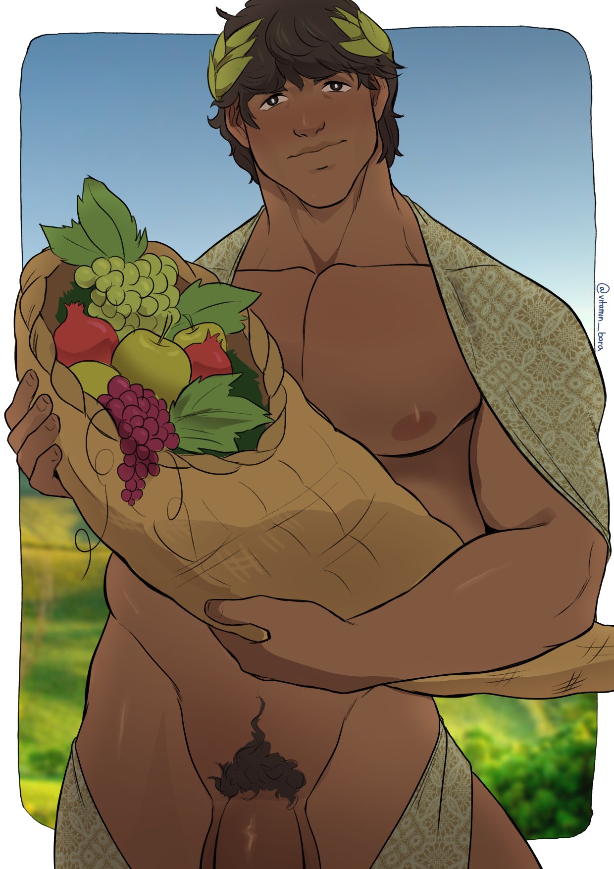 1boy absurd_res adonis_belt apple areola areolae balls blue_sky brown_eyes brown_hair character_request color dark-skinned_male dark_skin day flaccid front_view fruit grapes grass hi_res laurel_crown leaf looking_at_viewer male male_focus male_only muscle muscles muscular muscular_male nipples outdoors outside partially_clothed partially_nude pecs penis pomegranate pubes pubic_hair sky solo solo_focus solo_male testicles uncensored vitamin_bara