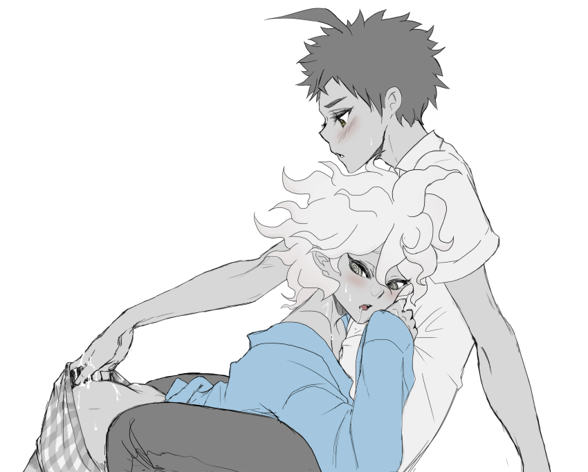 2boys, ahoge, blush, boxers, clothing lift, danganronpa, danganronpa 2: goodbye despair, drooling, fingering, green eyes, hinata hajime, hospital gown, looking back, loose clothes, male, nagito komaeda, open mouth, straight hair, white background, yaoi, yndr4hope
