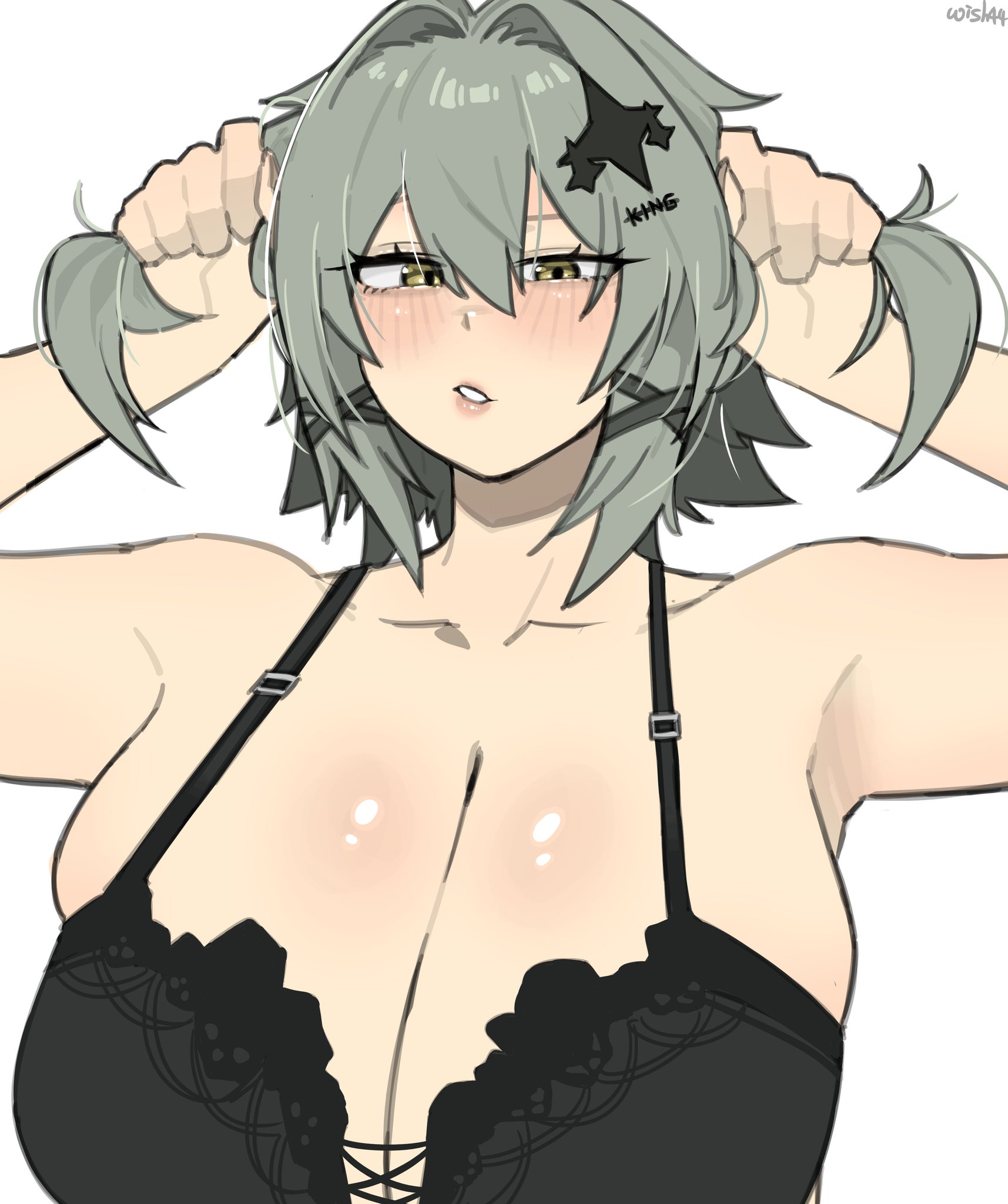 1girl, black bra, caesar king (zenless zone zero), grabbing hair, hair ornament, holding own hair, wish44, zenless zone zero