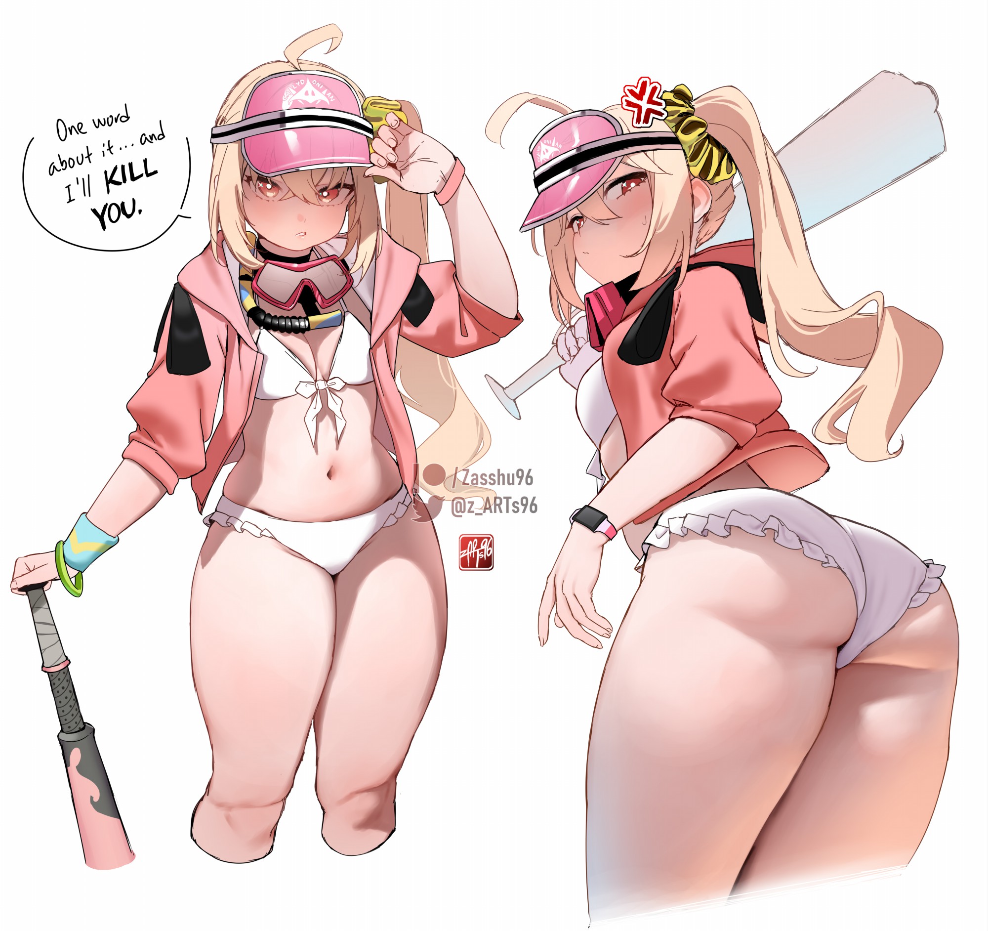 1girls, anger vein, ass, big ass, bikini, female, female focus, female only, highres, light skin, light-skinned female, looking at viewer, luciana de montefio, luciana de montefio (princess on holiday), official alternate costume, side ponytail, skirt, small breasts, smile, solo, swimsuit, thick thighs, thighs, visor cap, zasshu, zasshu96, zenless zone zero