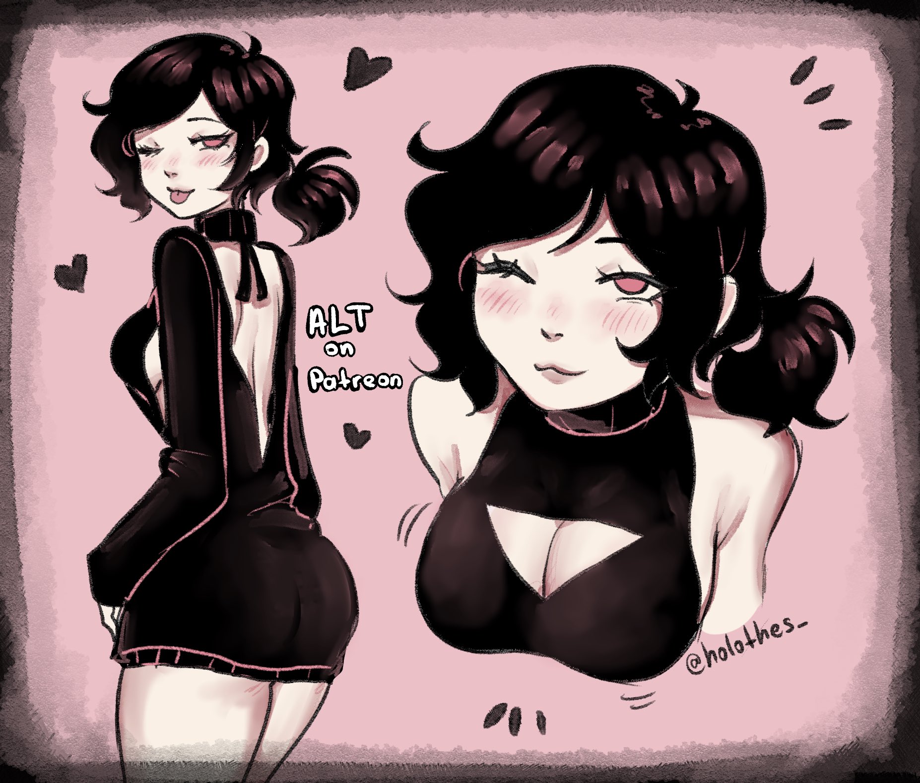 1girls, 2d, ashley graves, ass, black hair, blush, breasts, cleavage, clothed, dress, female, female only, holothes, looking at viewer, one eye closed, pink eyes, ponytail, sideboob, solo, solo female, the coffin of andy and leyley, tongue, tongue out, wink