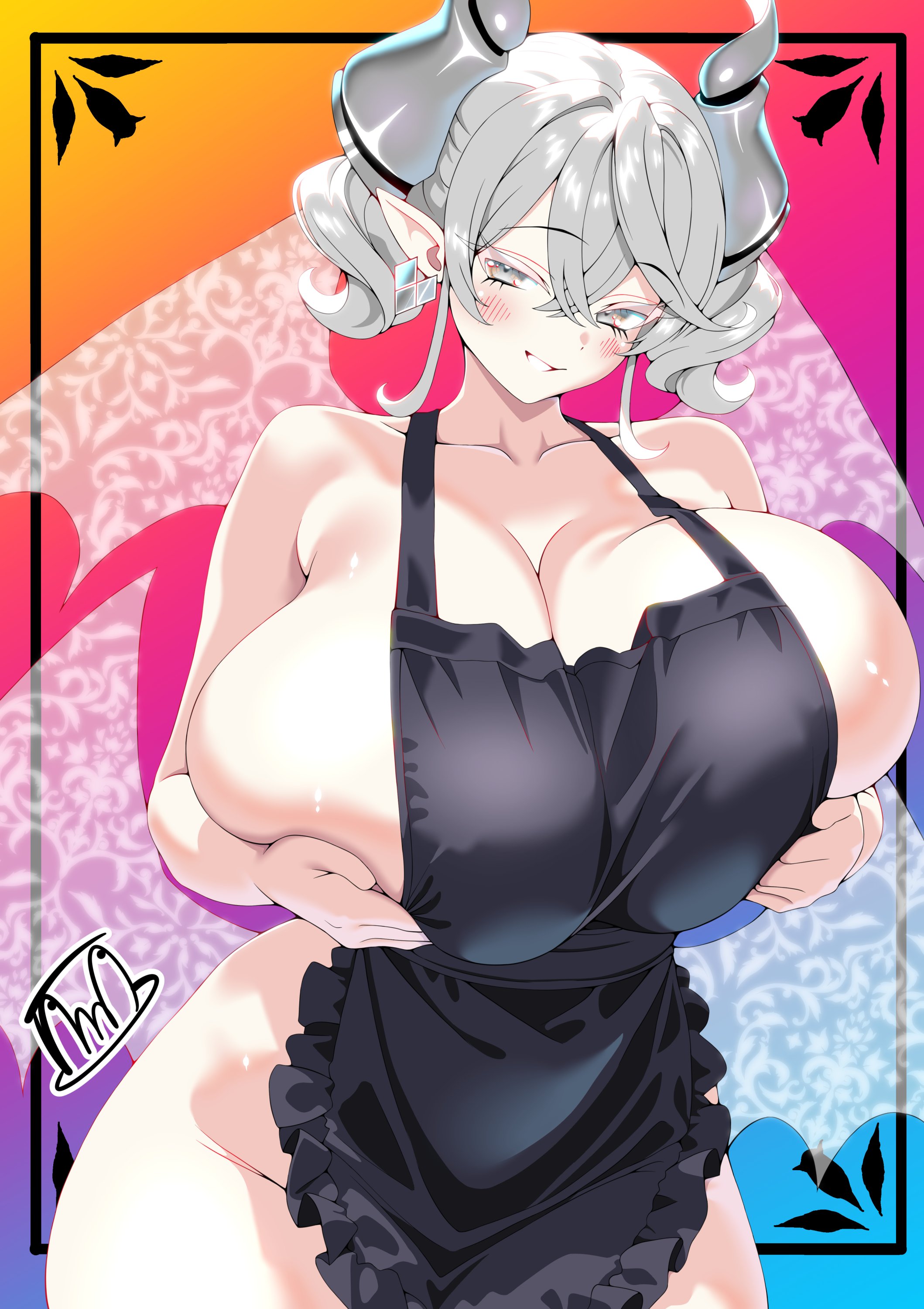 1girls, apron, big breasts, boobs, cleavage, curvaceous, demon, demon girl, demon horns, duel monster, female, female only, grabbing, grabbing own breast, hand on breast, hi res, horny, horny female, huge breasts, konami, labrynth of the silver castle, large breasts, light skin, lovely labrynth of the silver castle, lustful gaze, milf, mischievous smile, mommy, naked, naked apron, nude, pointy ears, princess, queen, seductive, semi nude, silver eyes, smile, solo, standing, tama amata, teeth, twin drills, twintails, voluptuous, white hair, wide hips, wings, woman, younger female, yu-gi-oh!