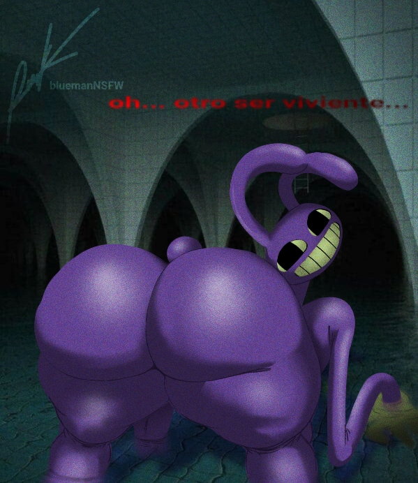 1boy, anthro, anthro male, artist name, artist signature, ass, ass focus, big ass, big butt, bluemannsfw, bottom heavy, bottom heavy femboy, bunny, bunny boy, bunny ears, butt, duffyfilmz, femboy, furry, furry male, gay, glitch productions, gooseworx, jax (tadc), jax (the amazing digital circus), lagomorph, liminal spaces, nightmare fuel, poolrooms, purple body, rabbit, rabbit humanoid, rabbit tail, signature, solo, solo male, spanish text, tagme, text, the amazing digital circus, watermark, yellow sclera