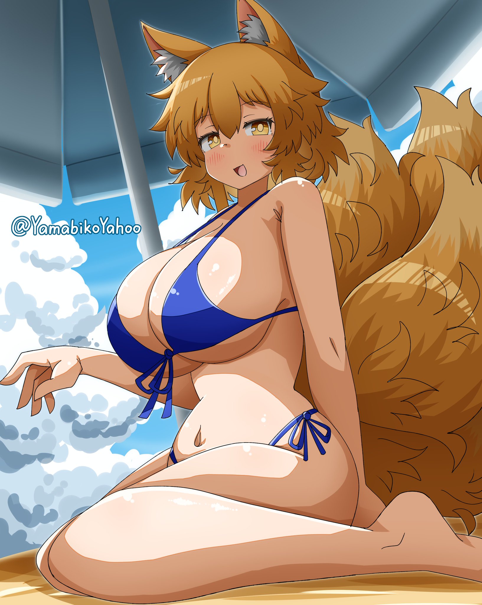1girls, beach, beach umbrella, big breasts, bikini, blonde hair, blue bikini, clothes, female, fox ears, fox girl, fox tail, kitsune, large breasts, light-skinned female, ran yakumo, stage, tagme, touhou, touhou project, twitter, umbrella, yakumo ran, yamabikoyahoo