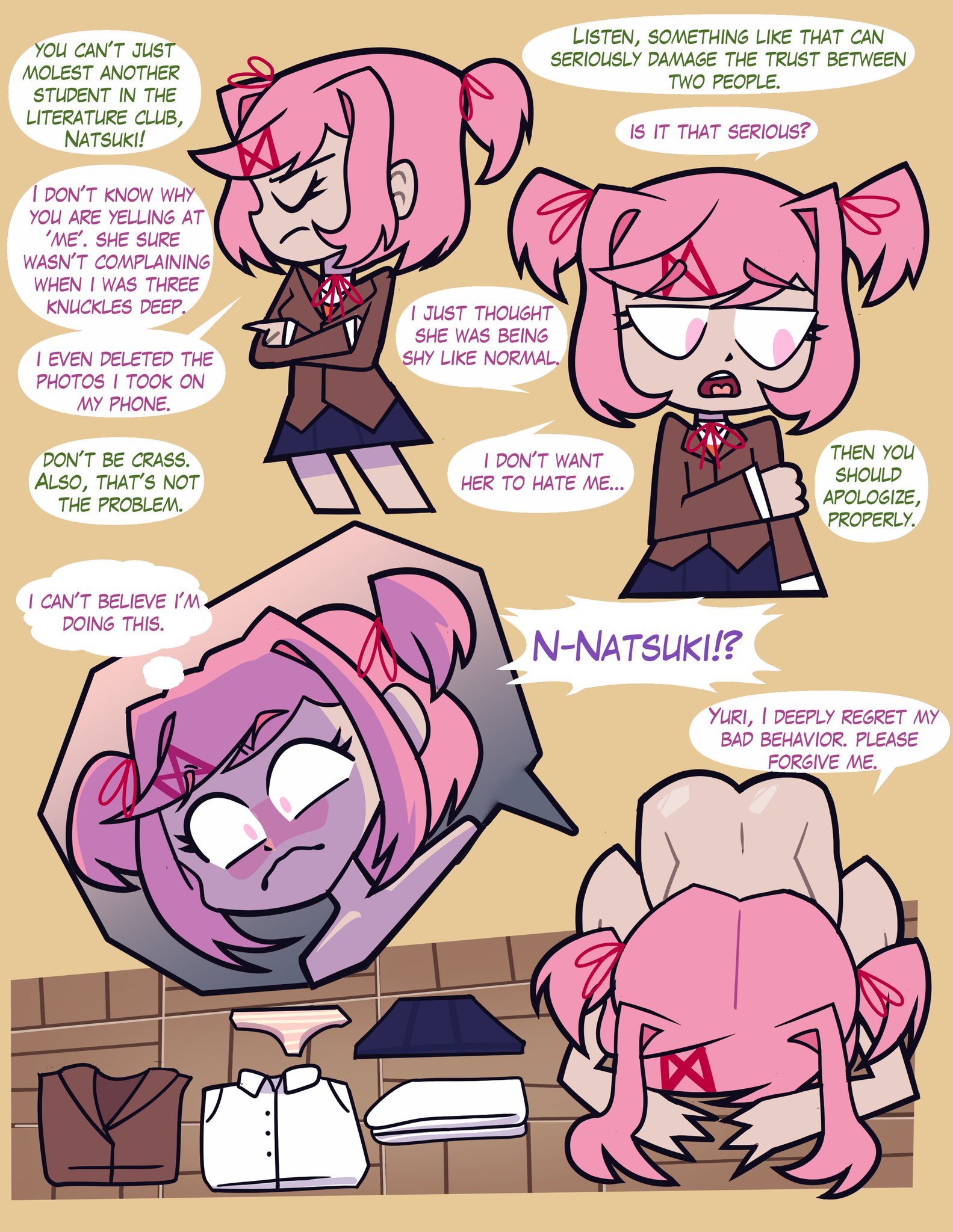 1girls, apologizing, ass, barefoot, clothes on floor, completely nude, completely nude female, dogeza, doki doki literature club, embarrassed, embarrassed nude female, enf, female, female only, full body, kaiserrico, naked, naked dogeza, naked female, natsuki (doki doki literature club), nude, nude female, prostration, solo, solo female, tagme, undressing
