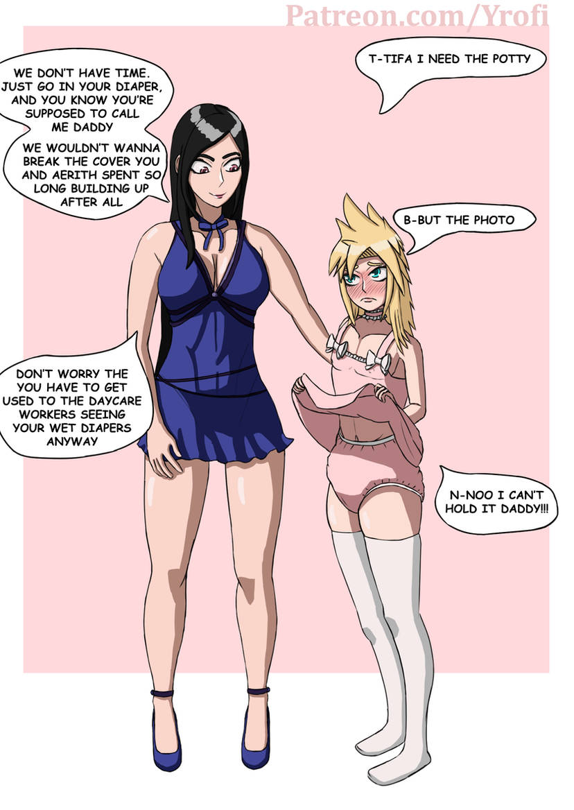 age regression, cloud strife, crossdressing, daddy kink, diaper, feminization, final fantasy, humiliation, omorashi, sissification, sissy, skirt lift, tifa lockhart, undercover