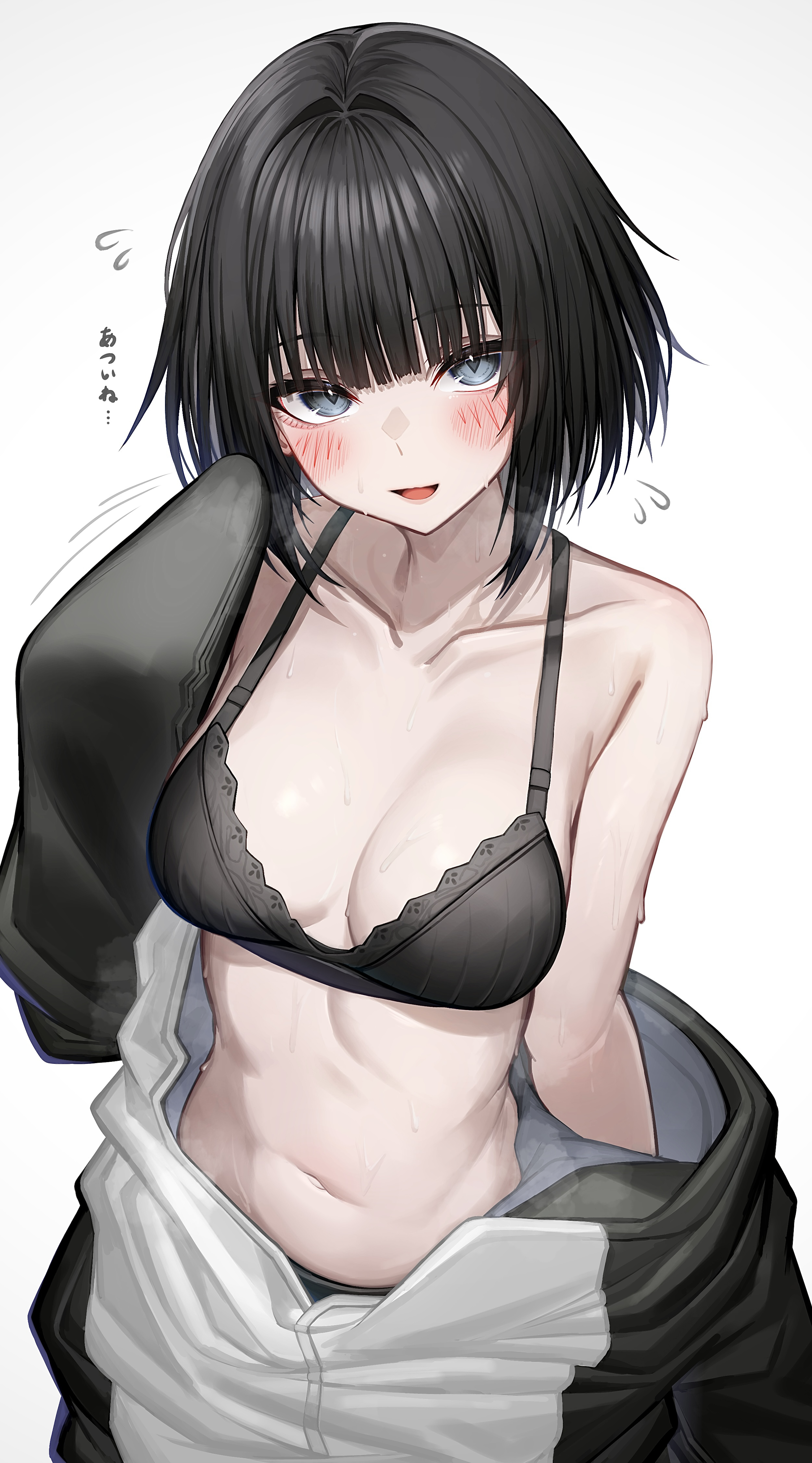 1girls, 2026, arknights, arknights: endfield, black hair, blush, bra, endministrator (arknights: endfield), female endministrator (arknights: endfield), hi res, light skin, light-skinned female, looking at viewer, medium breasts, short hair, smile, smiling, solo, standing, tab head, underwear, upper body