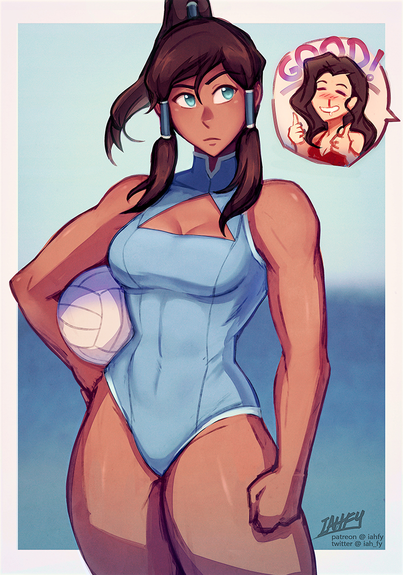 2girls asami_sato athletic avatar_the_last_airbender bare_legs bare_shoulders blue_eyes blue_swimsuit boob_window breasts canon_couple cleavage confident dark-skinned_female dark_skin female female_only female_pervert female_protagonist fit_female high_collar iahfy inset interracial_yuri korra medium_breasts muscular muscular_female muscular_thighs nickelodeon nosebleed one-piece_swimsuit smooth_skin solo_focus swimsuit the_legend_of_korra thick_thighs thirsty tomboy toned toned_female tri_tails volleyball water_tribe yuri