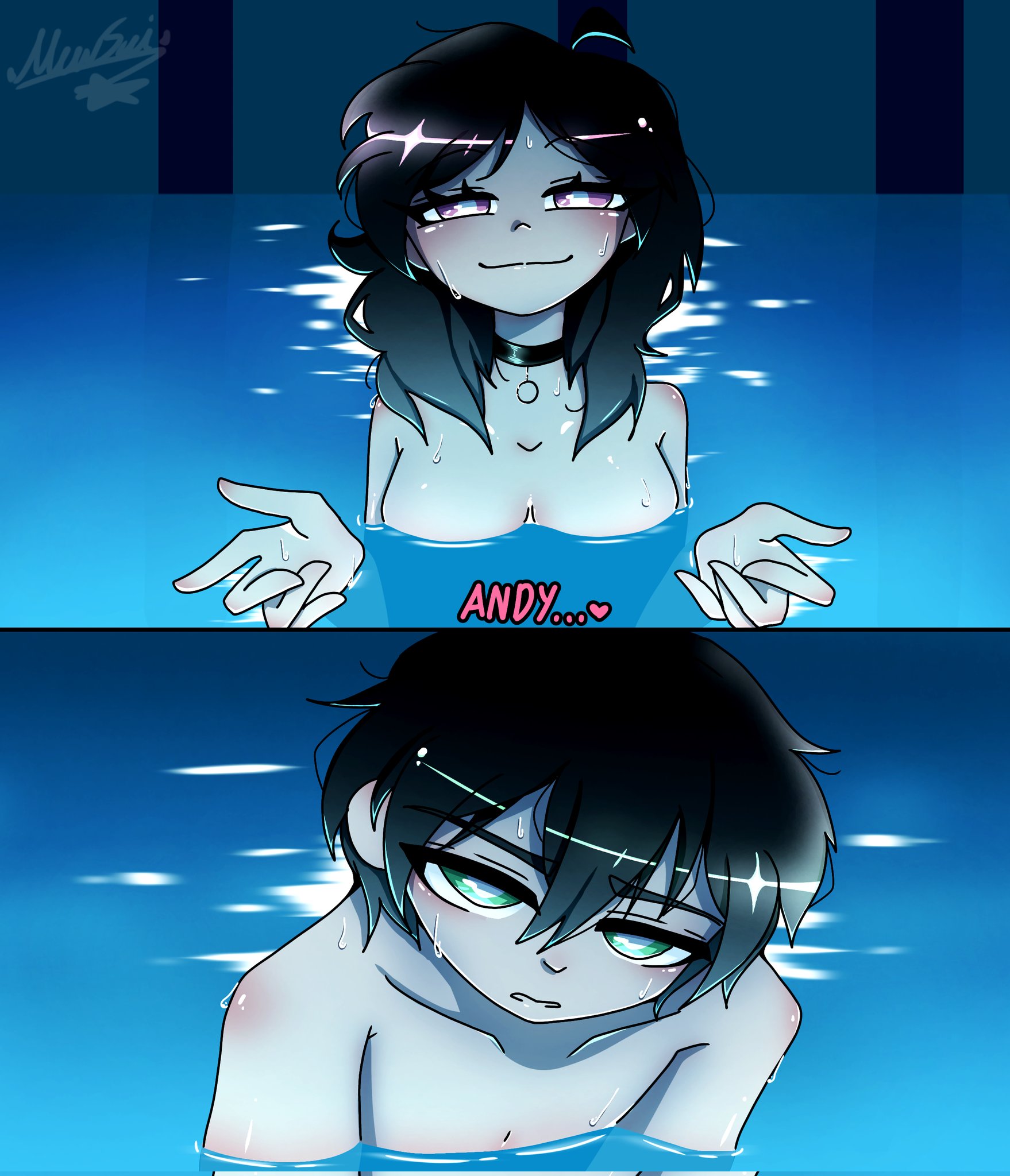 1boy, 1girls, 2d, andrew graves, ashley graves, bathing, black hair, breasts, brother and sister, choker, female, fully nude, green eyes, i'll teach you everything (chainsaw man), incest, male, mewsui, pink eyes, pool, reze in the pool (meme), siblings, straight, swimming pool, the coffin of andy and leyley, water, wet, wet body, wet skin