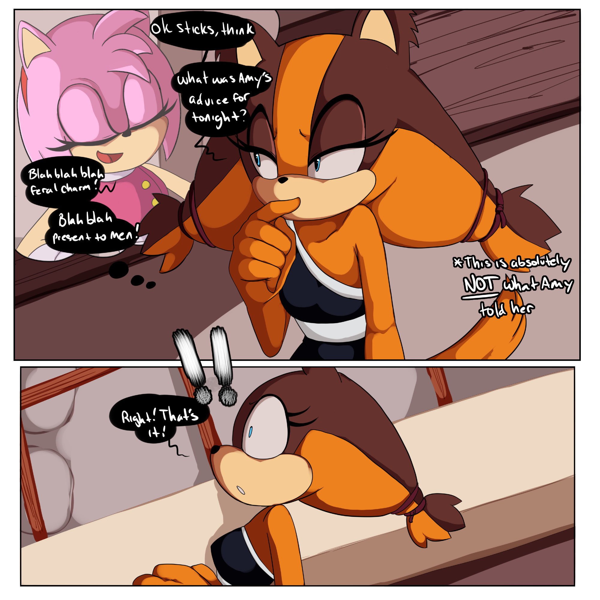 amy rose, amy rose (boom), anthro, big breasts, comic, dialogue, english text, female, inuyuru, lady sticks, sonic (series), sonic boom, sonic the hedgehog (series), sticks the badger, video games