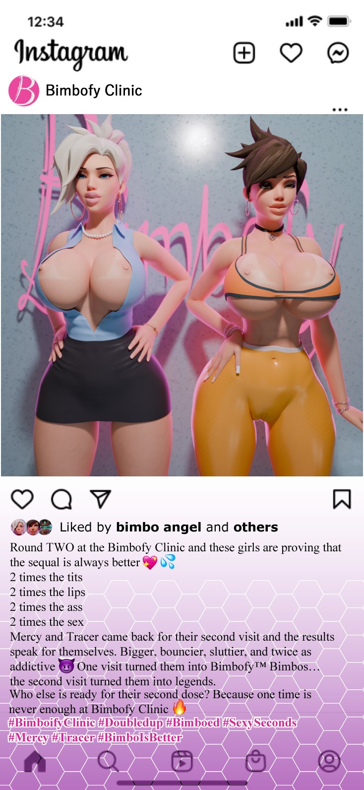 3d, bimbo, bimbofication, blender, blizzard entertainment, huge breasts, instagram, mercy, overwatch, shadowboxer, social media, tracer