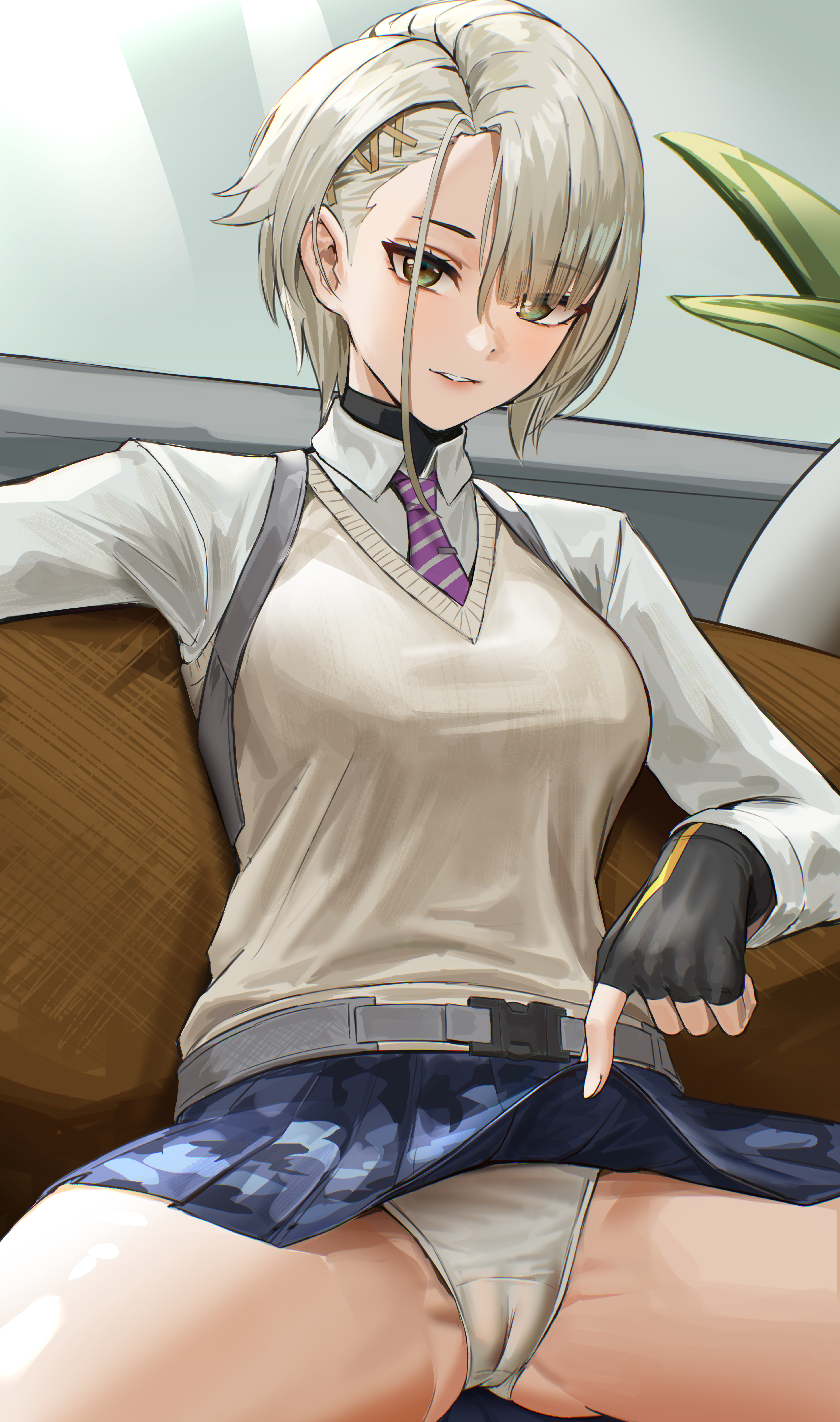 1girls, anoreika tomoe, breasts, cameltoe, clothing, feet out of frame, female, female only, flashing, flashing panties, girls' frontline, girls' frontline 2: exilium, gloves, grey hair, legs apart, legs spread, lifted by self, looking at viewer, panties, shirt, short hair, sitting, skirt, skirt lift, skirt lifted by self, spread legs, sweater, upskirt, vector (girls' frontline 2), vector (girls' frontline), vector (vivi sometimes hides her molotovs) (girls' frontline 2)