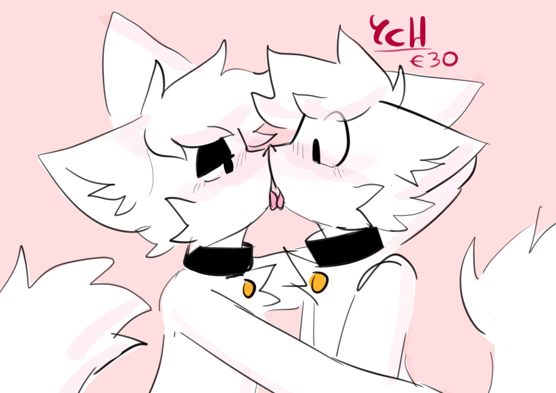 2d, anthro, blush, boy, boykisser, boys, cute, duo, femboy, flustered, fur, furry, kissing, male, male focus, male only, silly cat (mauzymice), simple background, skipper pupp, twink, white fur, ych (character)