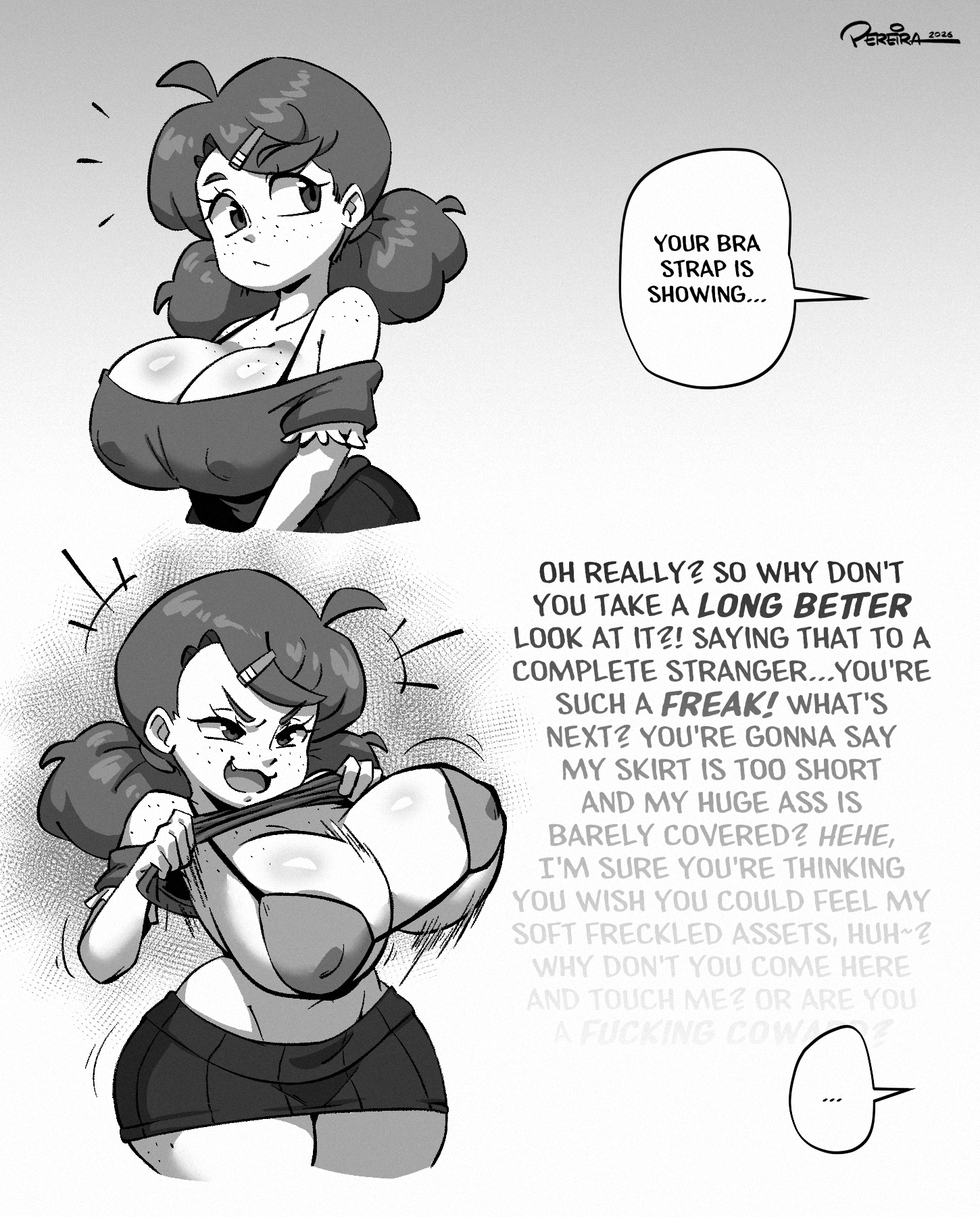 1girls, angry, arrogant, ass, big ass, big cleavage, black shoes, bottomless, bottomless skirt, bra strap is showing (meme), brat, bratty, breasts, brown hair, bubble ass, bubble butt, bust, busty, cleavage, clothed, clothing, confident, darla (joaoppereiraus), english text, eyebrows visible through hair, fat ass, female, female only, freckles, freckles on ass, fully clothed, hand on hip, huge ass, huge breasts, human, information, joaoppereiraus, large ass, large breasts, light skin, light-skinned female, looking at viewer, looking back, microskirt, miniskirt, nipple bulge, original, original character, purple eyes, shirt lift, short skirt, shortstack, socks, solo, speech bubble, text, thick thighs, thighs, twintails, upskirt, white socks, wide hips