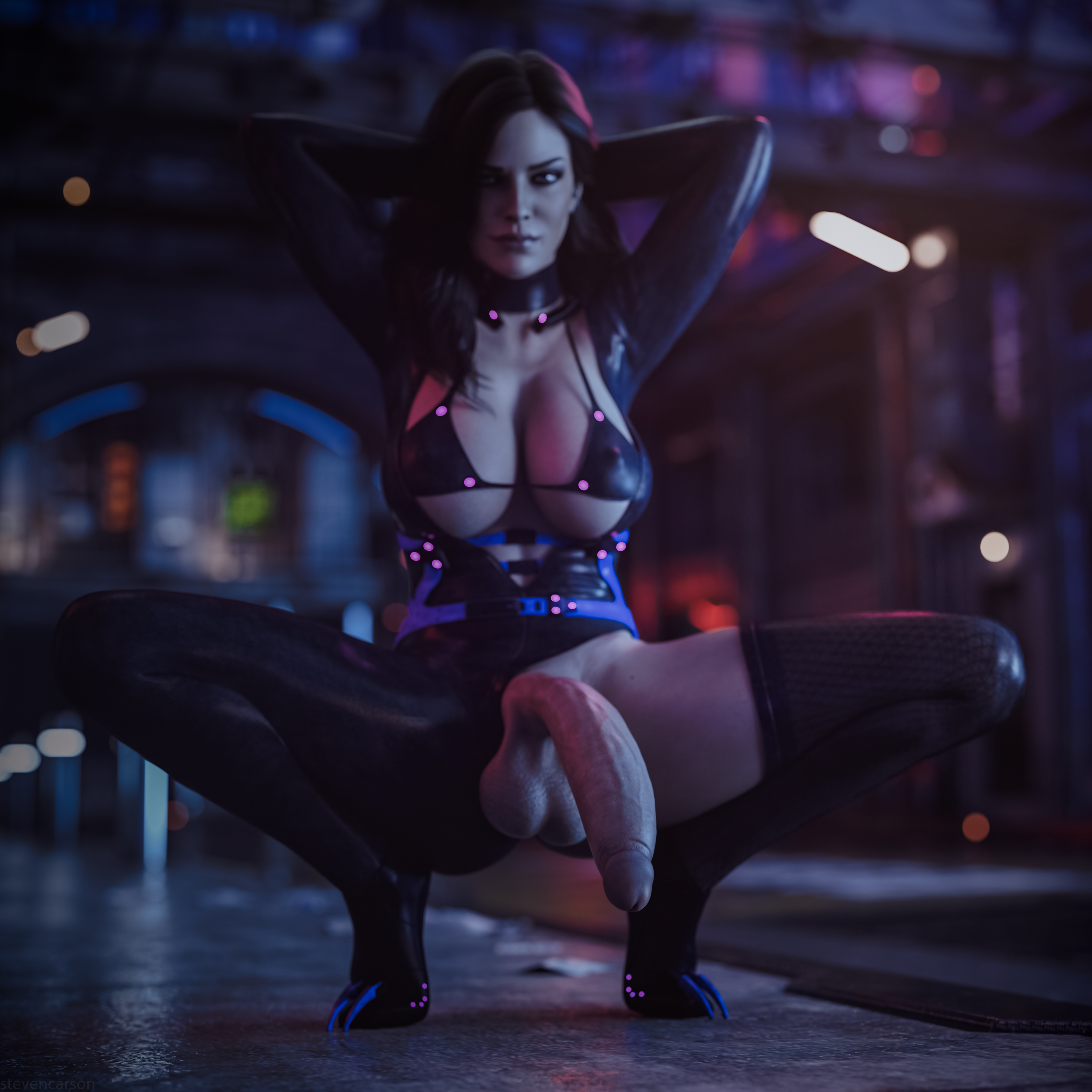 1futa, 3d, absurdres, ass, balls, breasts, casual exposure, casual nudity, cd projekt red, cleavage, curvy, erect nipples, futa only, futa sans pussy, futanari, half-erect, highres, huge penis, intersex, large ass, large balls, large breasts, looking at viewer, nipple bulge, nipples, penis, penis out, realistic, solo, solo futa, spread legs, squatting, stevencarson, testicles, the witcher (series), the witcher 3: wild hunt, wide hips, yennefer