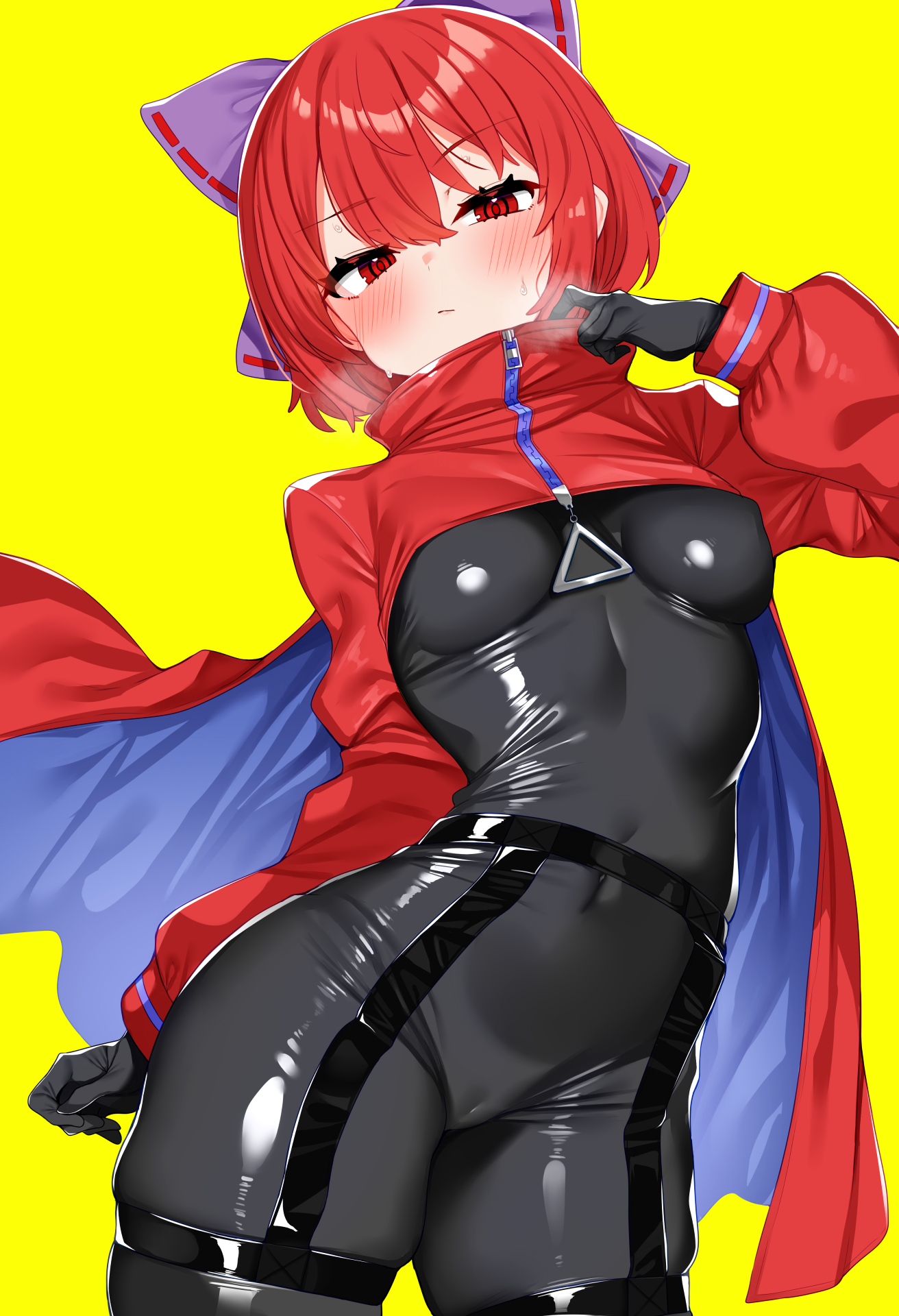 1girl, 1girls, akatsuki records, belly, belly button, blue bow, blue bowtie, blue ribbon, blush, blush lines, blushing, bodystocking, bodysuit, bow, bowtie, breasts, cameltoe, cape, cloak, closed mouth, cowboy shot, daichi (tokoya), dullahan, embarrassed, embarrassed female, garter belt, hair bow, hair ribbon, half-closed eyes, latex, latex bodysuit, latex breasts, latex clothing, latex gloves, latex legwear, latex skin, latex skinsuit, latex stockings, latex suit, latex thighhighs, latex vagina, long sleeves, navel, nipples, nipples visible through clothing, pantyhose, red cape, red cloak, red eyes, red hair, red sleeves, ribbon, rock n rock n beat, rokurokubi, sekibanki, short hair, skindentation, small breasts, sole female, solo, solo female, solo focus, standing, steam, steaming breath, stomach, sweat, sweatdrop, sweating, thick thighs, thighs, touhou, vagina visible through clothing, wide hips, wide thighs, yellow background, zipper