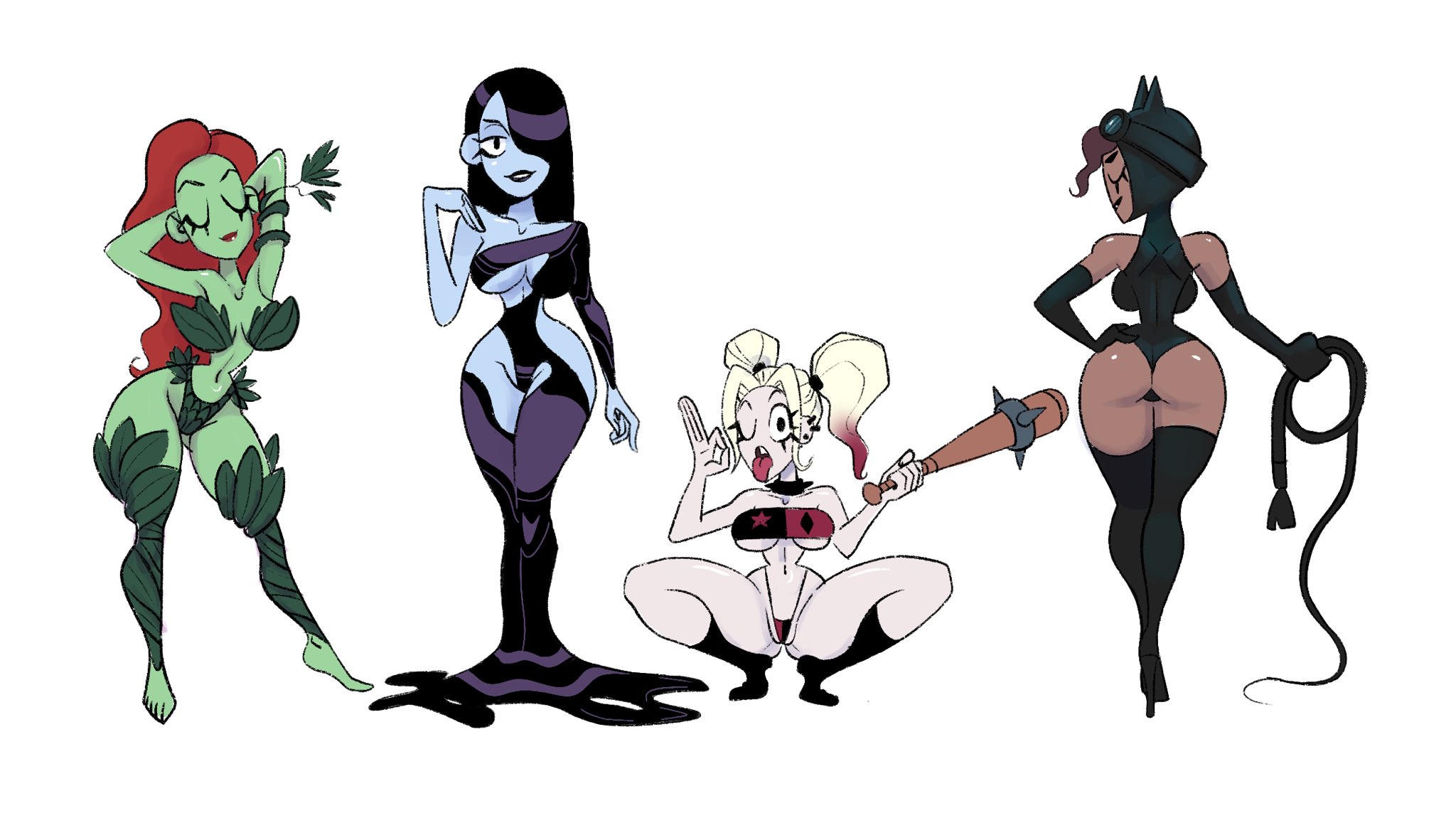 4girls, arms up, ass, ass focus, back view, barefoot, batman (series), black hair, blonde hair, blue body, bodysuit, boots, breasts, brown hair, catwoman (cosplay), choker, closed eyes, dark skin, dark-skinned female, dc comics, dress, earrings, front view, gloves, green skin, hands behind head, harley quinn, high heel boots, holding, inque, large breasts, legwear, long hair, looking at viewer, looking back, navel, one eye closed, pale skin, panties, poison ivy, ponytail, posing, red hair, slim waist, smile, spread legs, squatting, suggestive, suggestive pose, tagme, thick thighs, tight clothing, tongue, tongue out, topwear, underboob, underwear, vanillasketchy, voluptuous, whip, wide hips